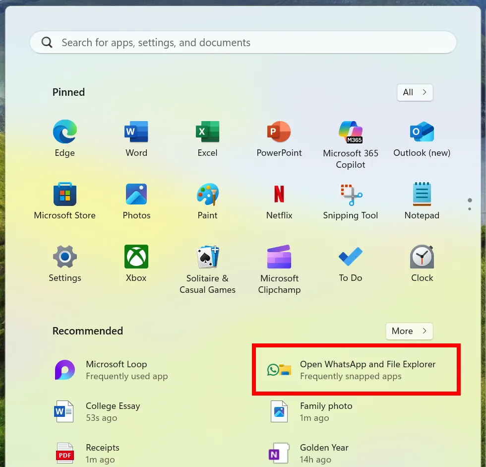 Menu Start mới của Windows 11 hiển thị các gợi ý cặp ứng dụng được ghim (snap) thường dùng