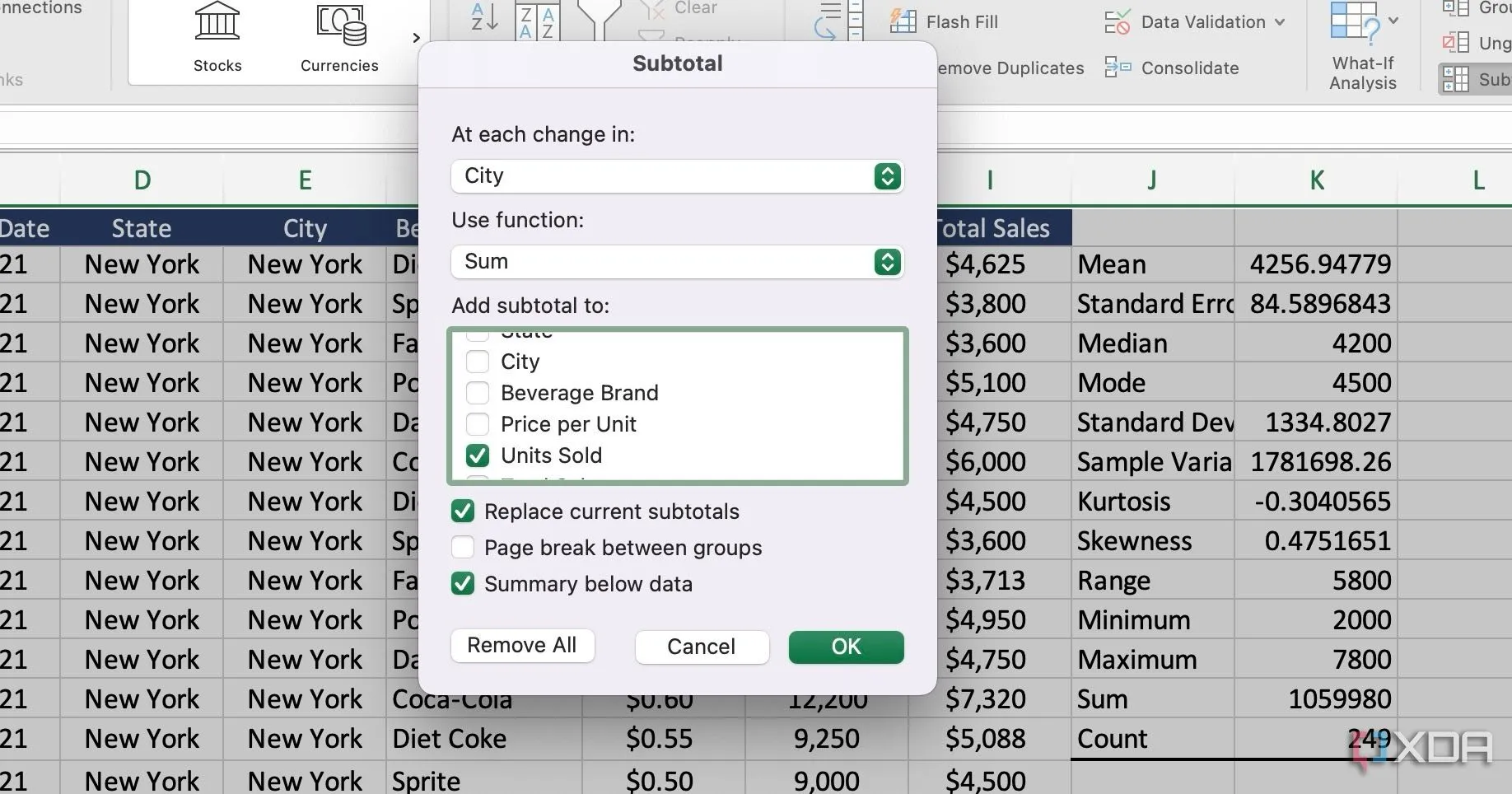 Menu Subtotal trong Excel
