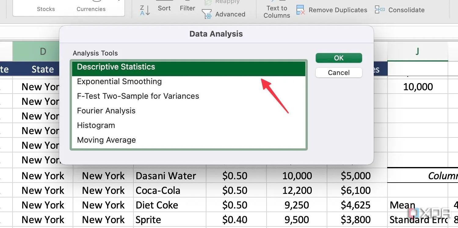 Menu thống kê mô tả trong Excel (Descriptive Statistics)