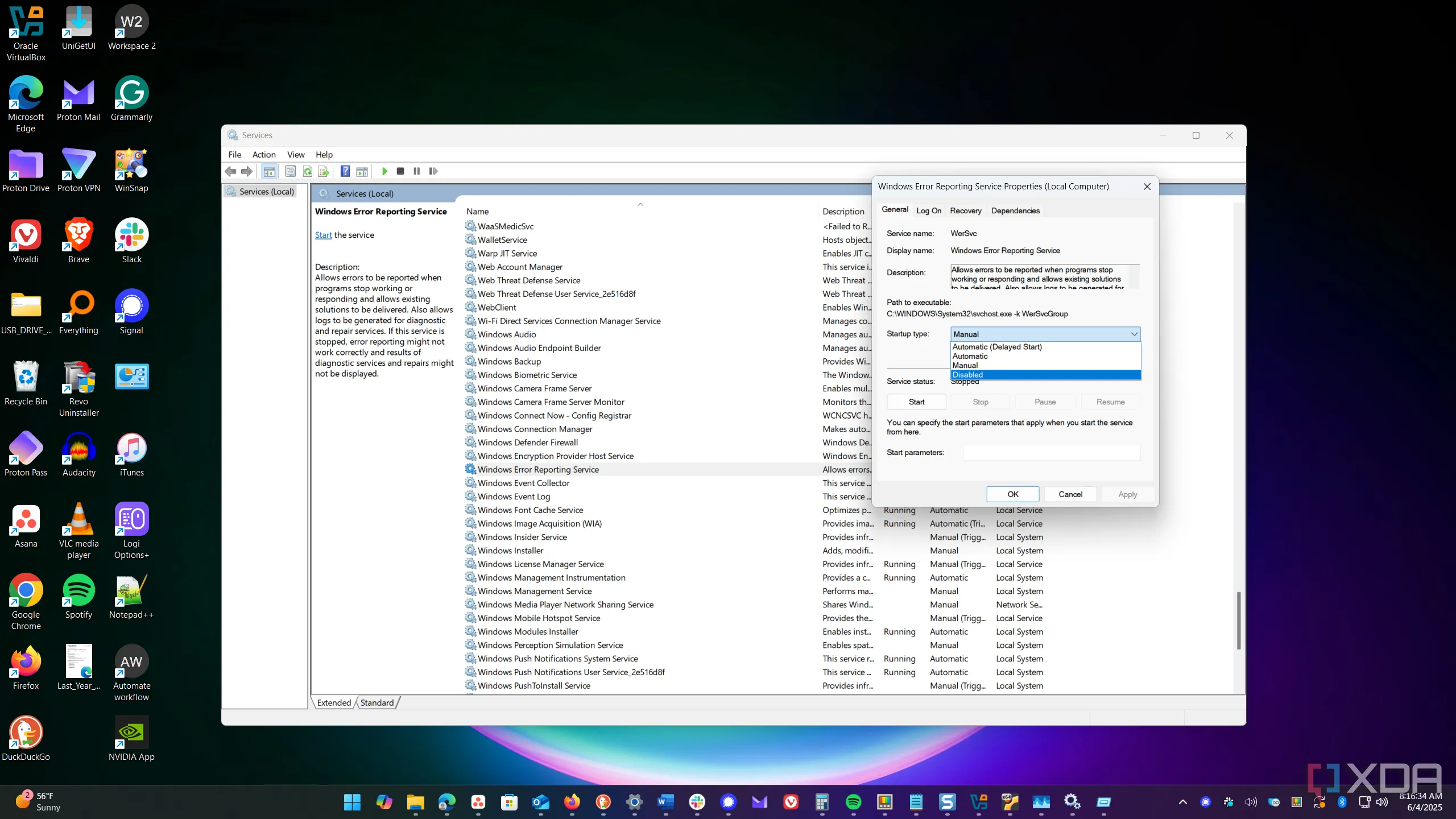 Minh họa cách vô hiệu hóa dịch vụ báo cáo lỗi Windows (Windows Error Reporting) trong cửa sổ Properties