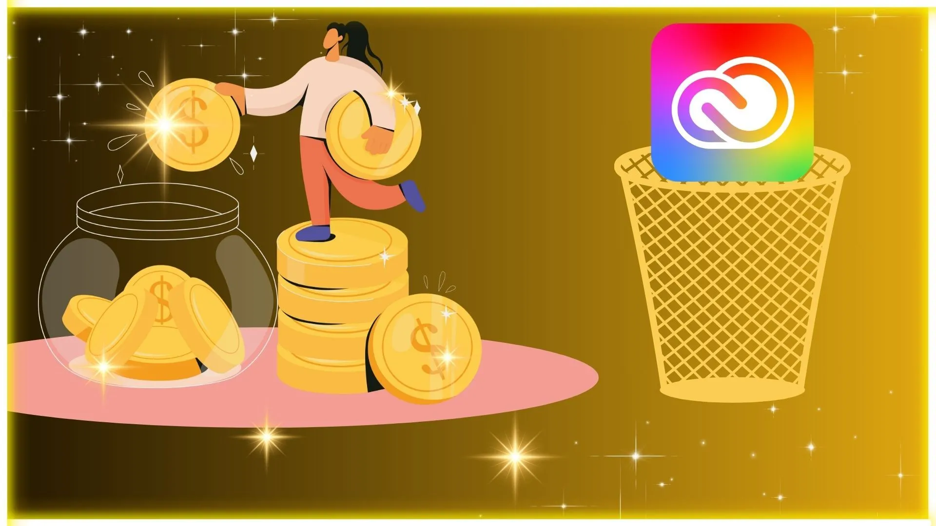 Minh họa một người bỏ tiền vào lọ tiết kiệm với logo Adobe Creative Cloud trong thùng rác, tượng trưng cho việc tiết kiệm chi phí nhờ phần mềm mã nguồn mở