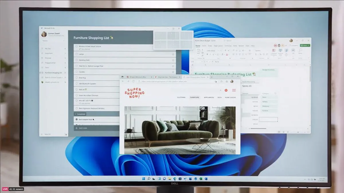 Minh họa tính năng Snap Layouts trên Windows 11 giúp quản lý và sắp xếp các cửa sổ ứng dụng dễ dàng