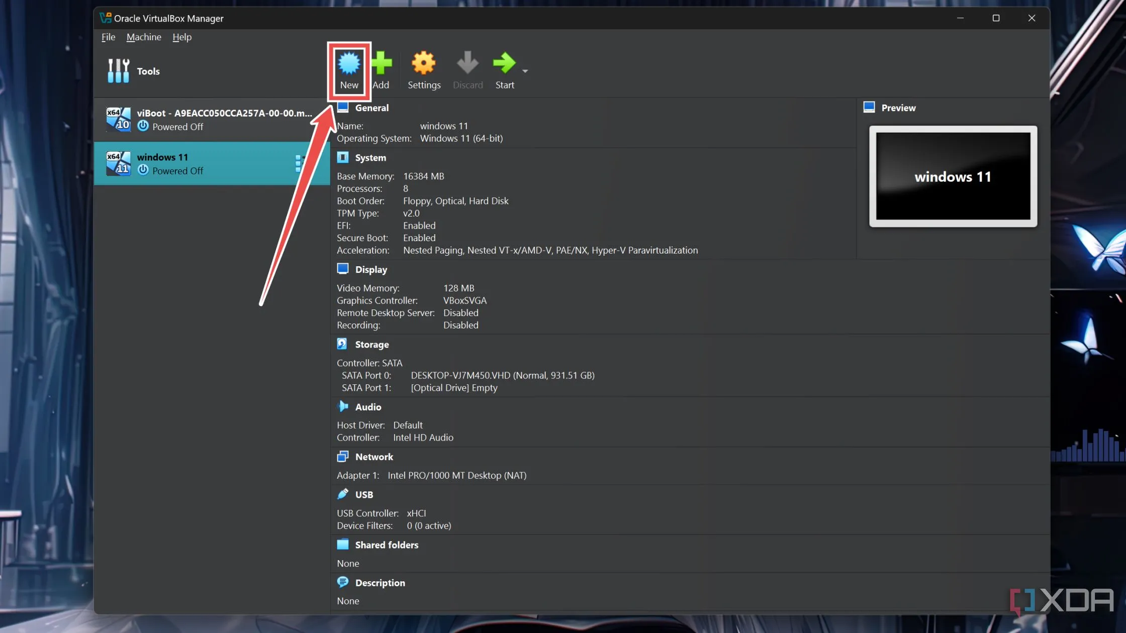 Nhấn nút &quot;New&quot; trên giao diện chính của VirtualBox để bắt đầu tạo máy ảo Windows 11.