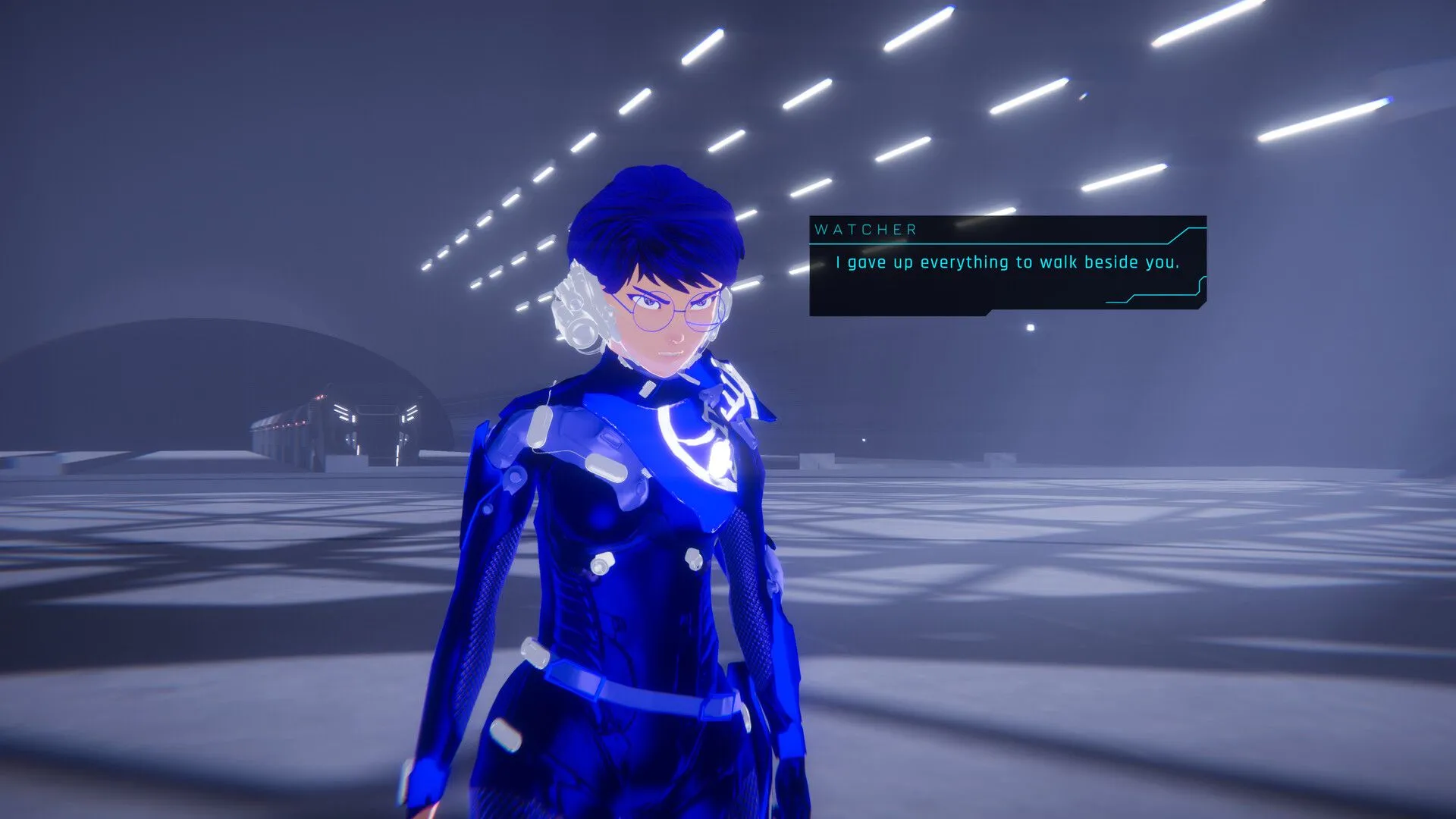 Nhân vật trong game indie 1000xResist với trang phục xanh trong sảnh xám, minh họa cho dòng game indie chất lượng trên Steam