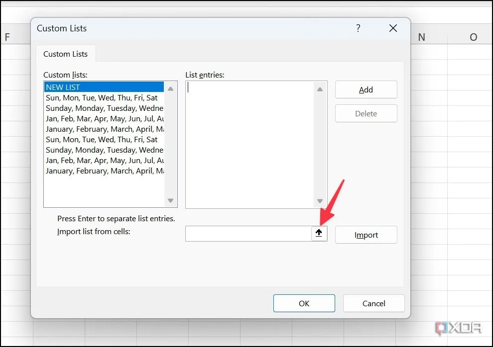 Nhập dữ liệu cho danh sách tùy chỉnh trong Excel