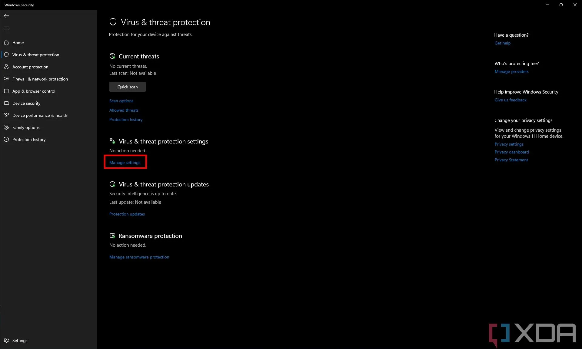 Phần &quot;Cài đặt bảo vệ khỏi virus &amp; mối đe dọa&quot; trong ứng dụng Bảo mật Windows