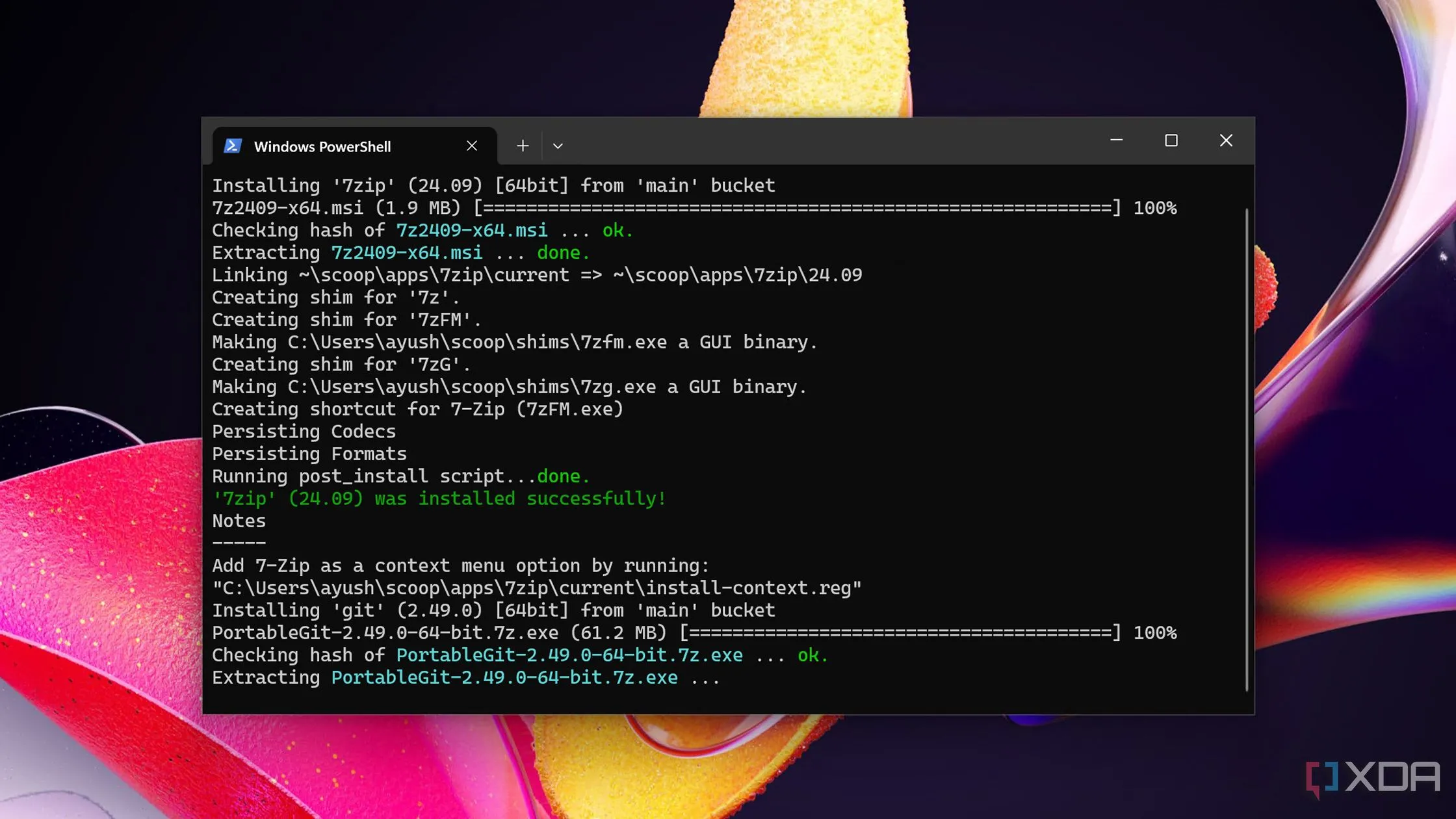 Quá trình cài đặt Git bằng Scoop trên Command Prompt, cho thấy khả năng hoạt động không cần quyền quản trị viên