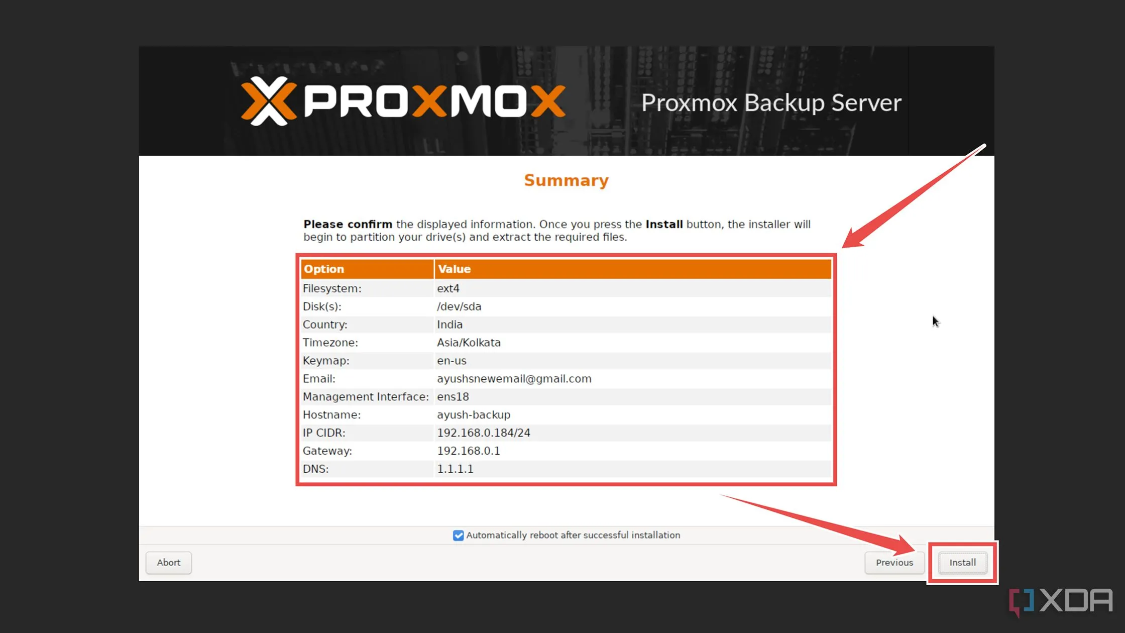 Quá trình cài đặt Proxmox Backup Server đang diễn ra