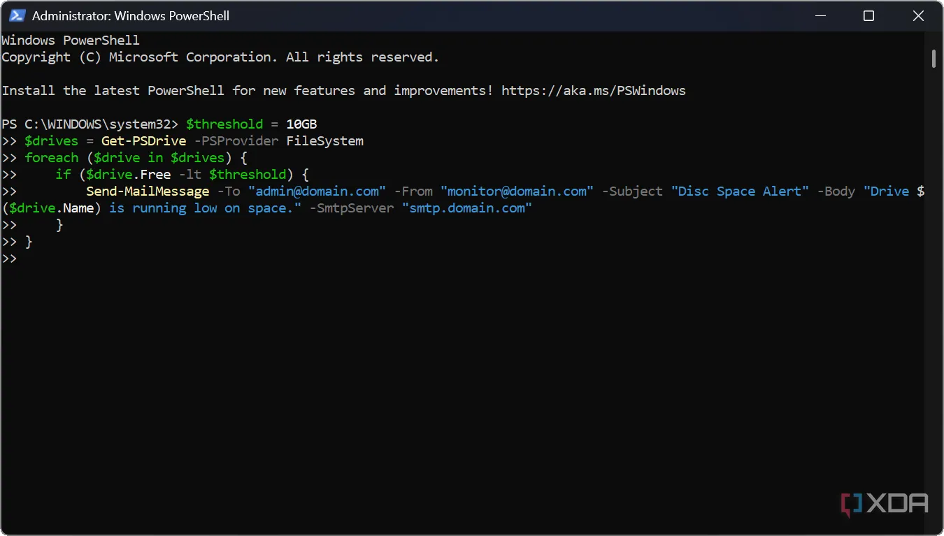 Script PowerShell giám sát và cảnh báo dung lượng ổ đĩa thấp