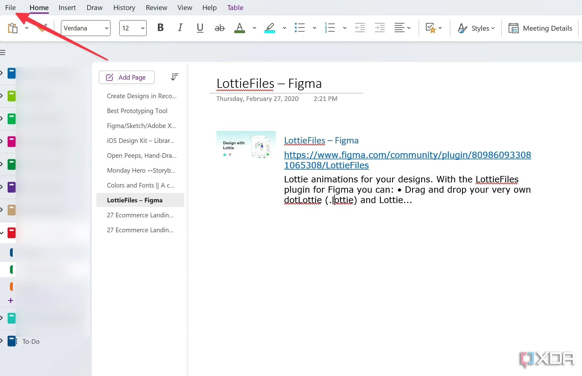 Thanh menu File trong OneNote hiển thị các tùy chọn tài khoản và thiết lập chung.