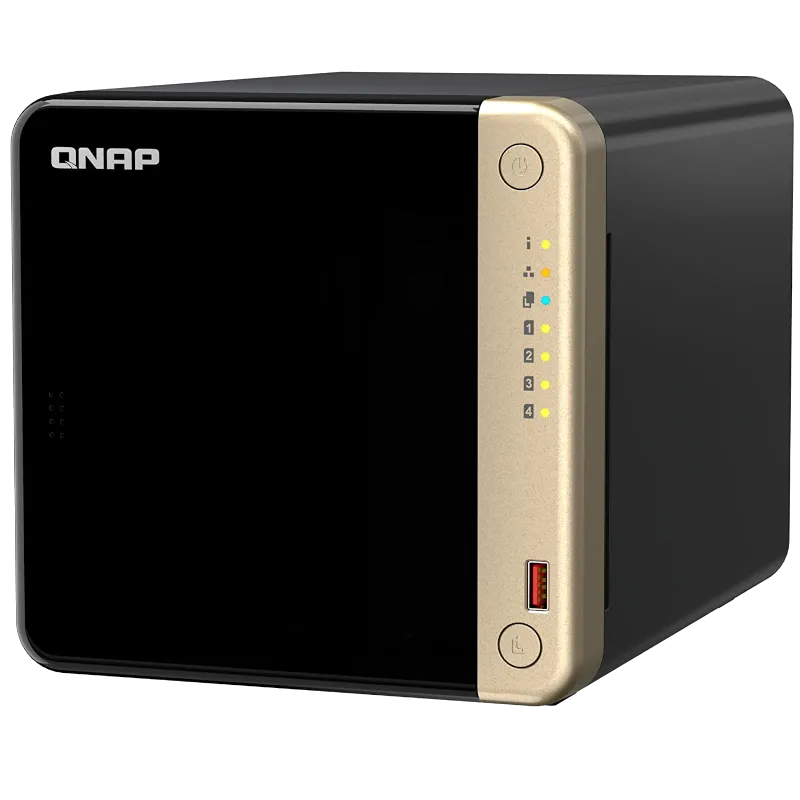 Thiết bị NAS QNAP TS-464, một ví dụ điển hình về giải pháp lưu trữ mạng mạnh mẽ và an toàn cho việc quản lý từ xa.