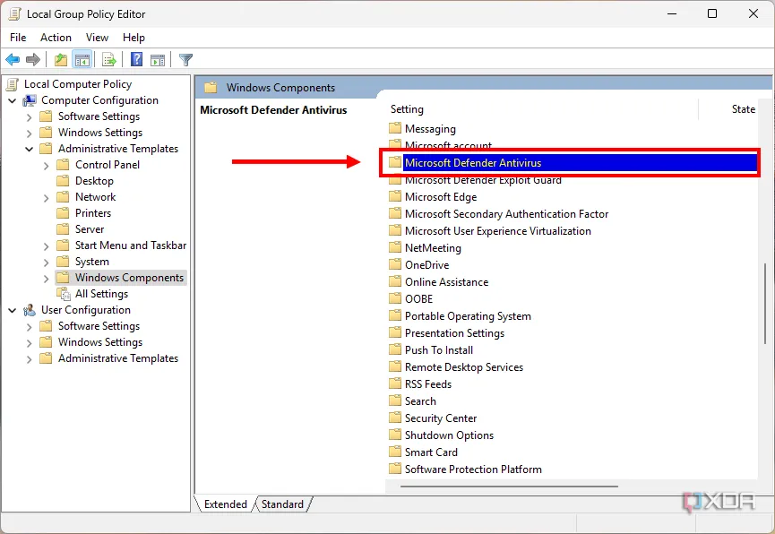 Thư mục &quot;Microsoft Defender Antivirus&quot; trong Group Policy Editor