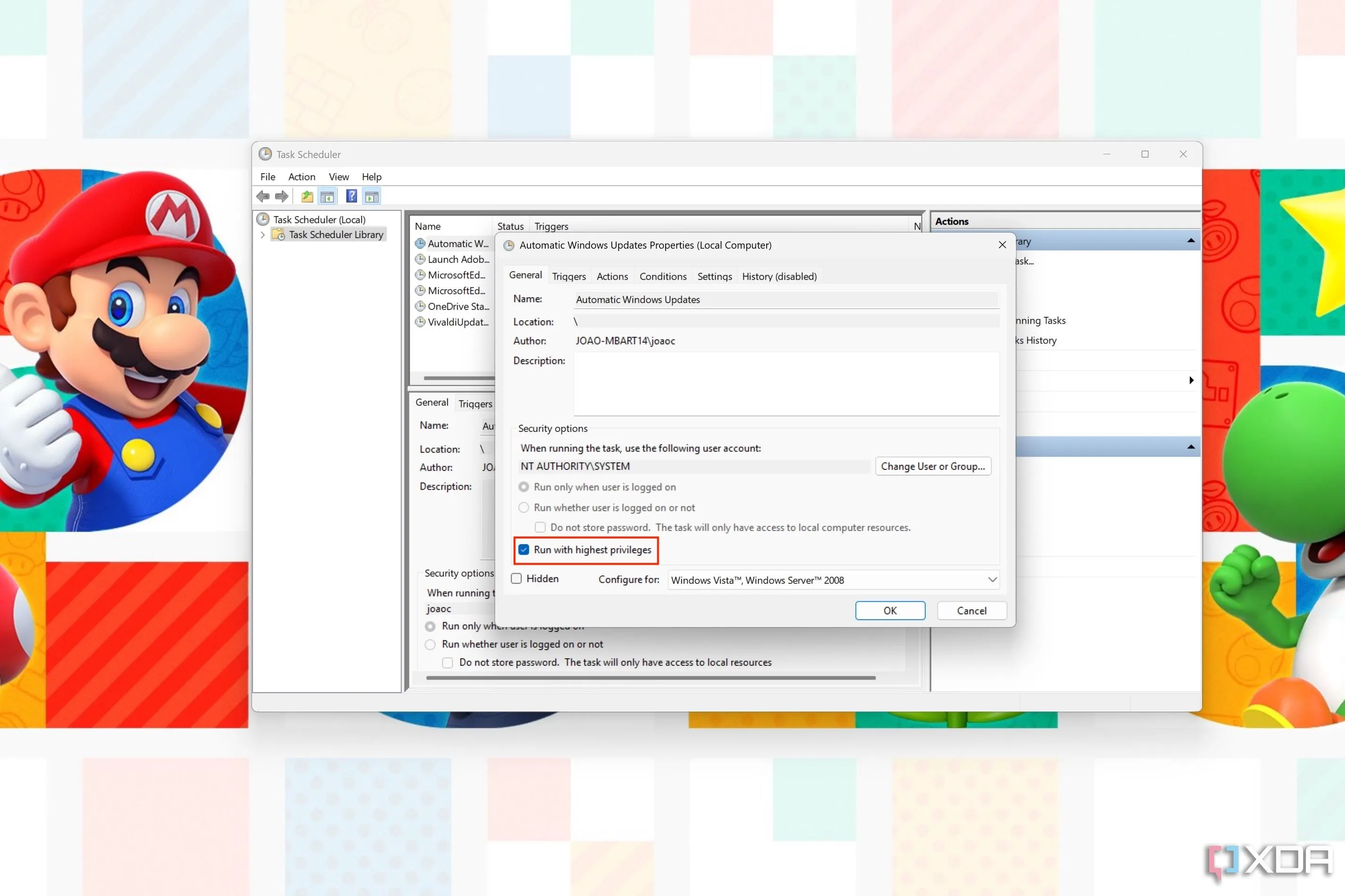Thuộc tính tác vụ trong Task Scheduler với tùy chọn chạy tác vụ với quyền cao nhất được tô sáng