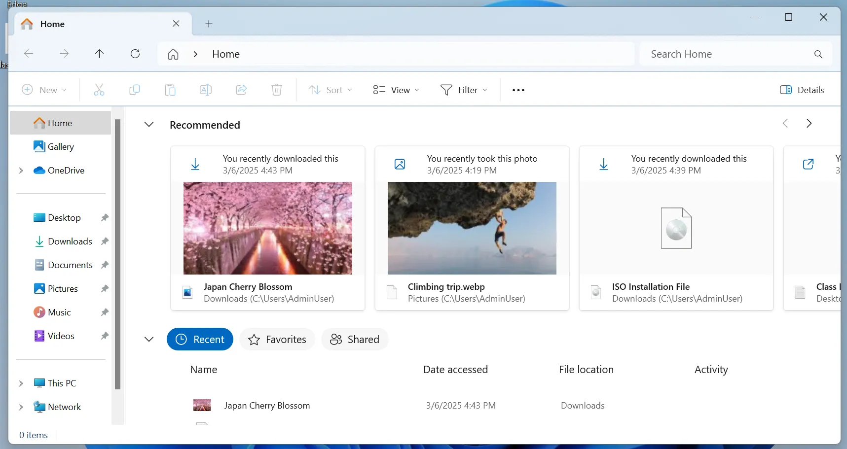 Tính năng Tệp được đề xuất (Recommended Files) trong File Explorer của Windows 11 Beta