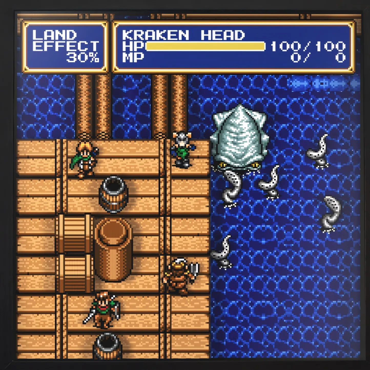 Trận chiến chiến thuật trong Shining Force 2 với một quái vật Kraken lớn