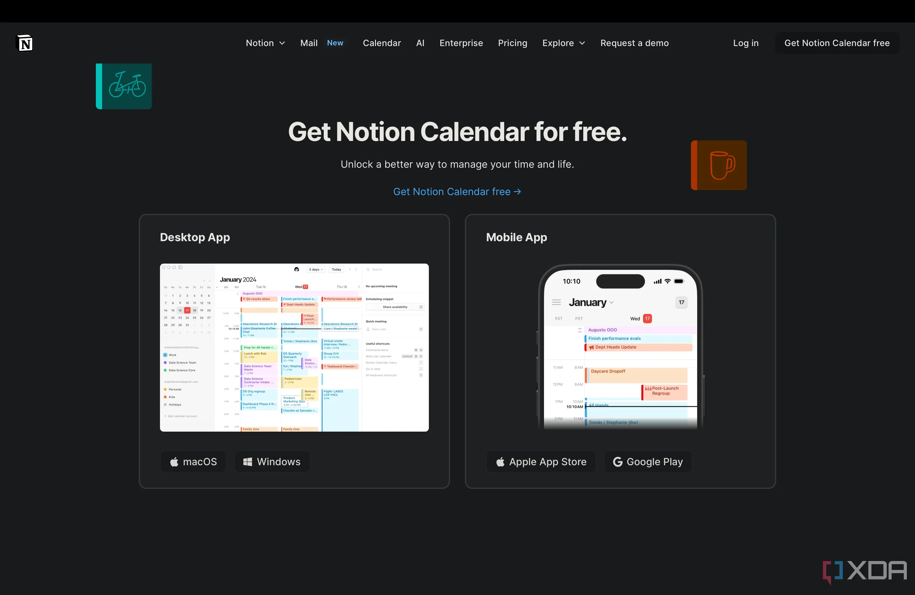 Trang web tải xuống Notion Calendar hiển thị giao diện và các tính năng chính của ứng dụng