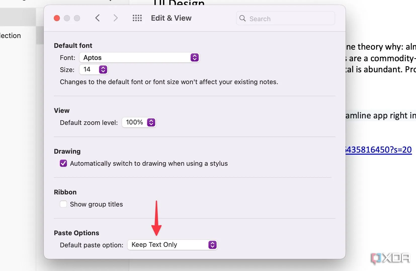 Tùy chọn mặc định khi dán nội dung trong OneNote trên Mac, giữ nguyên định dạng văn bản gốc.