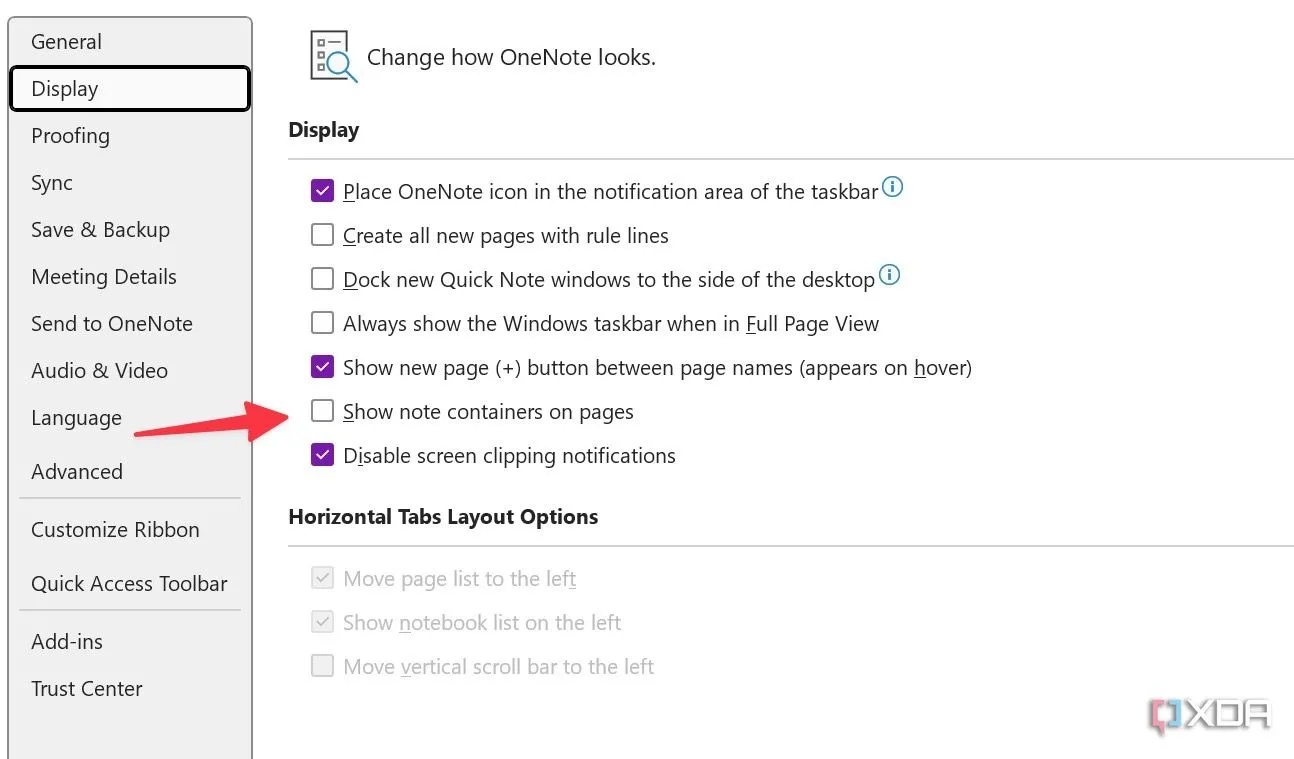 Tùy chọn tắt hiển thị khung ghi chú (note containers) trong cài đặt hiển thị của OneNote.