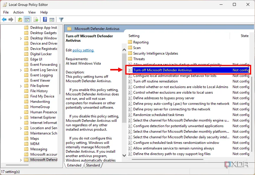 Tùy chọn &quot;Turn off Microsoft Defender Antivirus&quot; trong Group Policy Editor