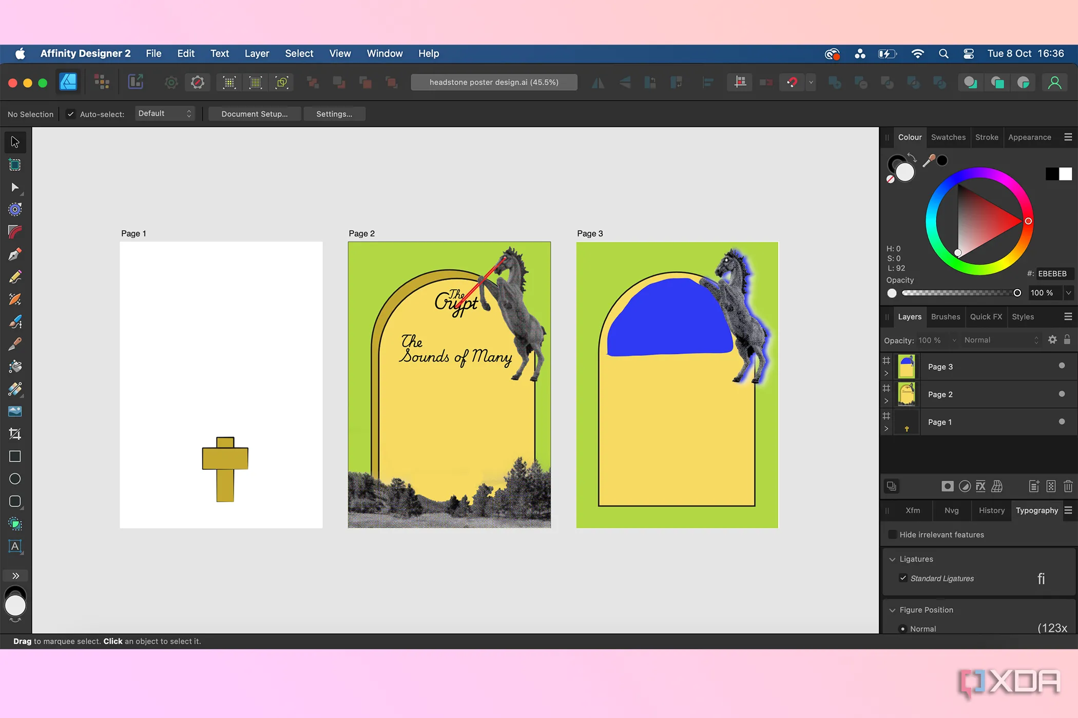 Affinity Designer với ba artboard hiển thị thiết kế poster, minh họa khả năng làm việc với nhiều định dạng file.