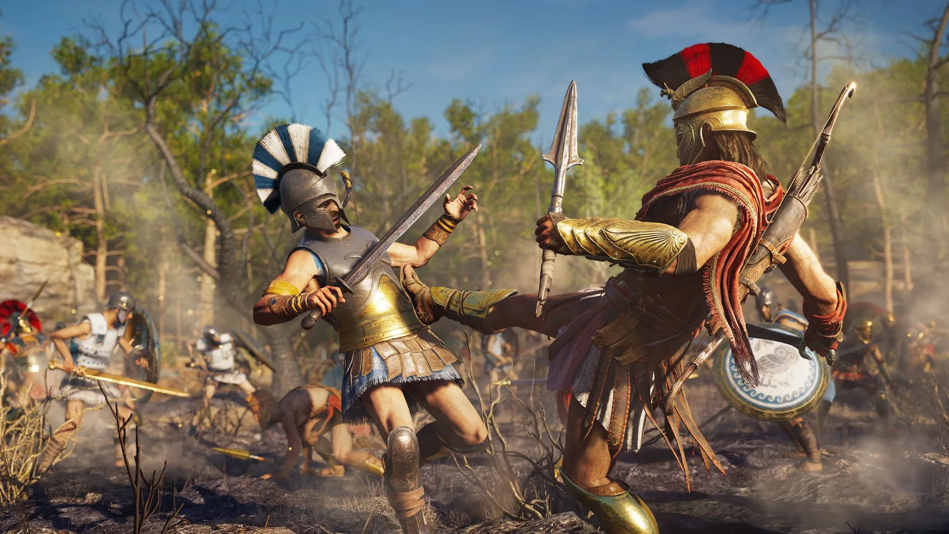 Alexios thực hiện cú đá Sparta nổi tiếng vào kẻ thù trong Assassin's Creed Odyssey