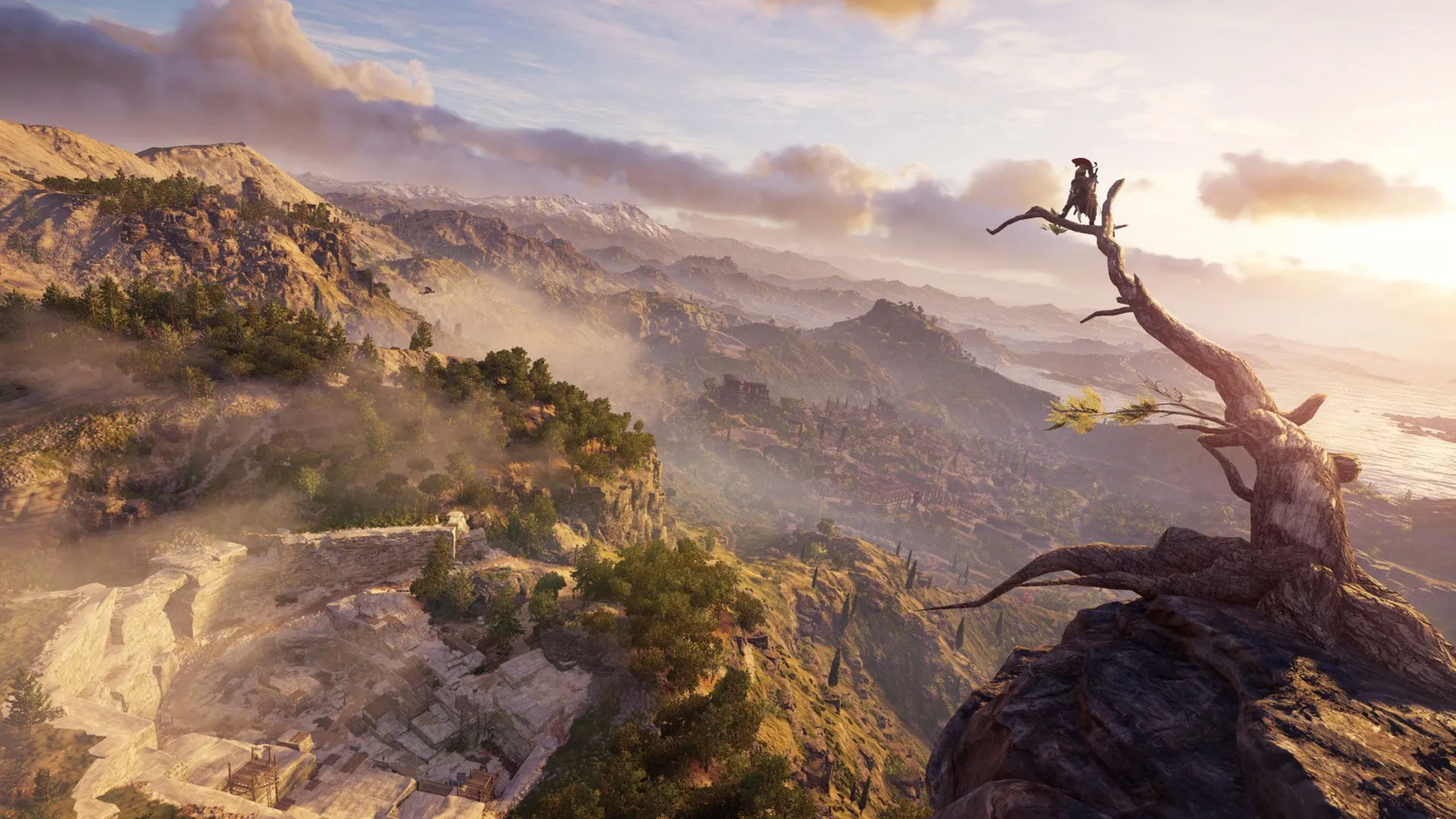 Alexios từ Assassin's Creed Odyssey đứng trên cành cây, ngắm nhìn khung cảnh Hy Lạp cổ đại hùng vĩ