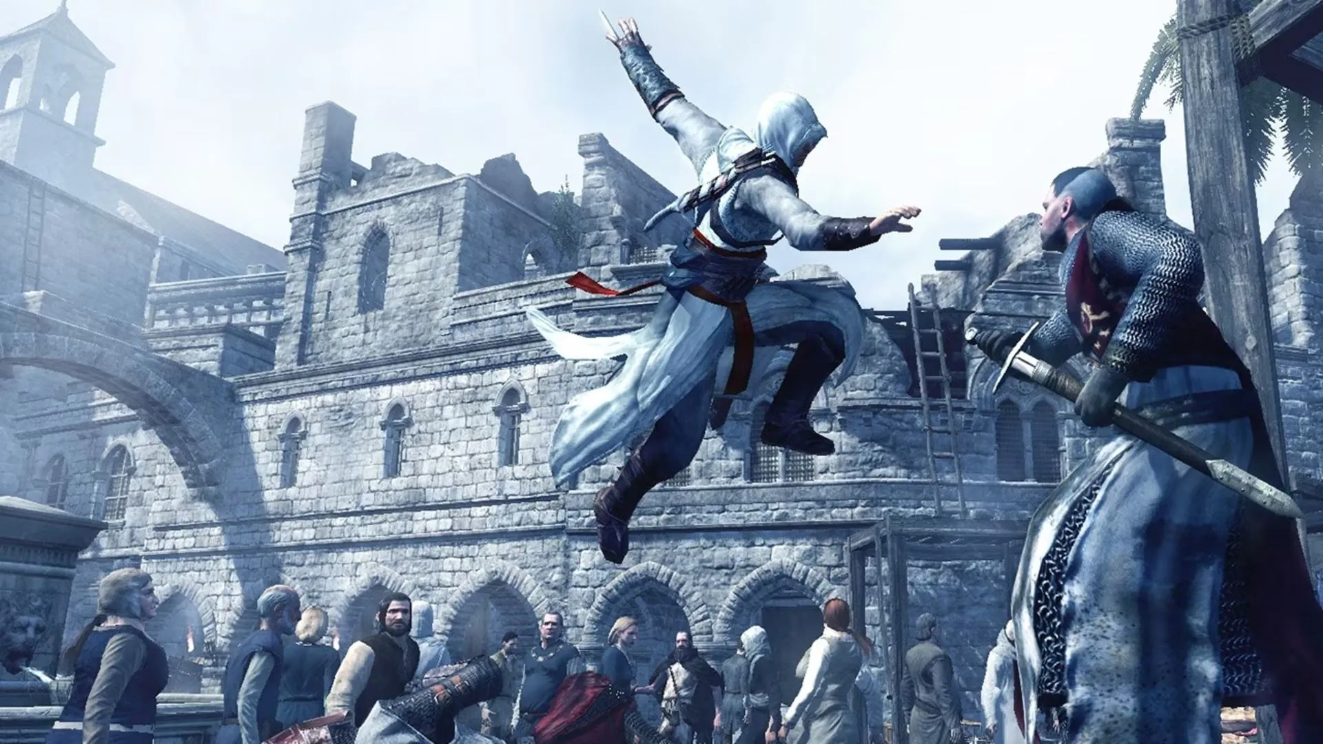 Altaïr quan sát từ trên cao trong Assassin's Creed, thể hiện cơ chế parkour và thế giới mở sống động