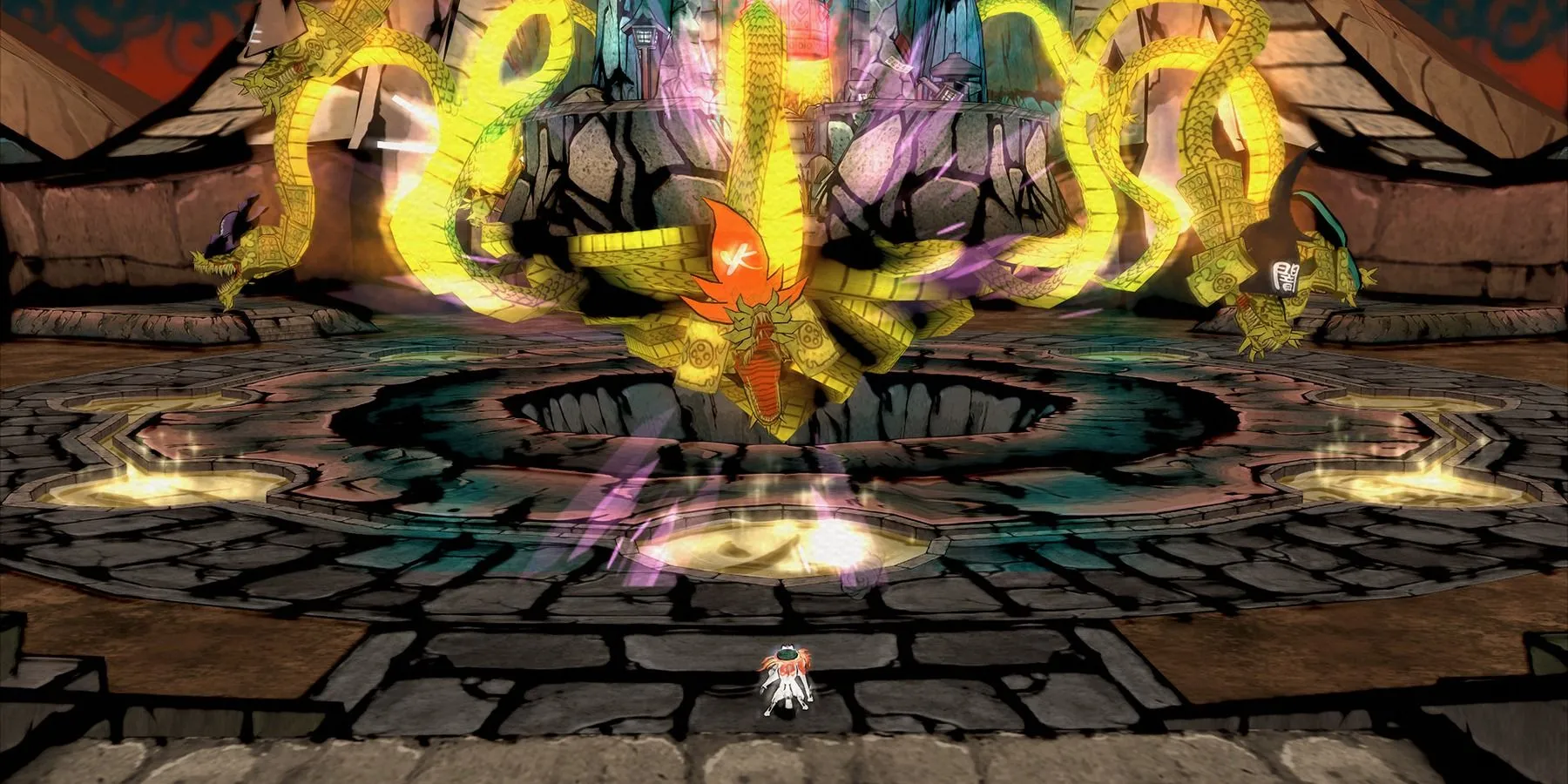 Amaterasu đối mặt với trùm Orochi khổng lồ trong game Okami