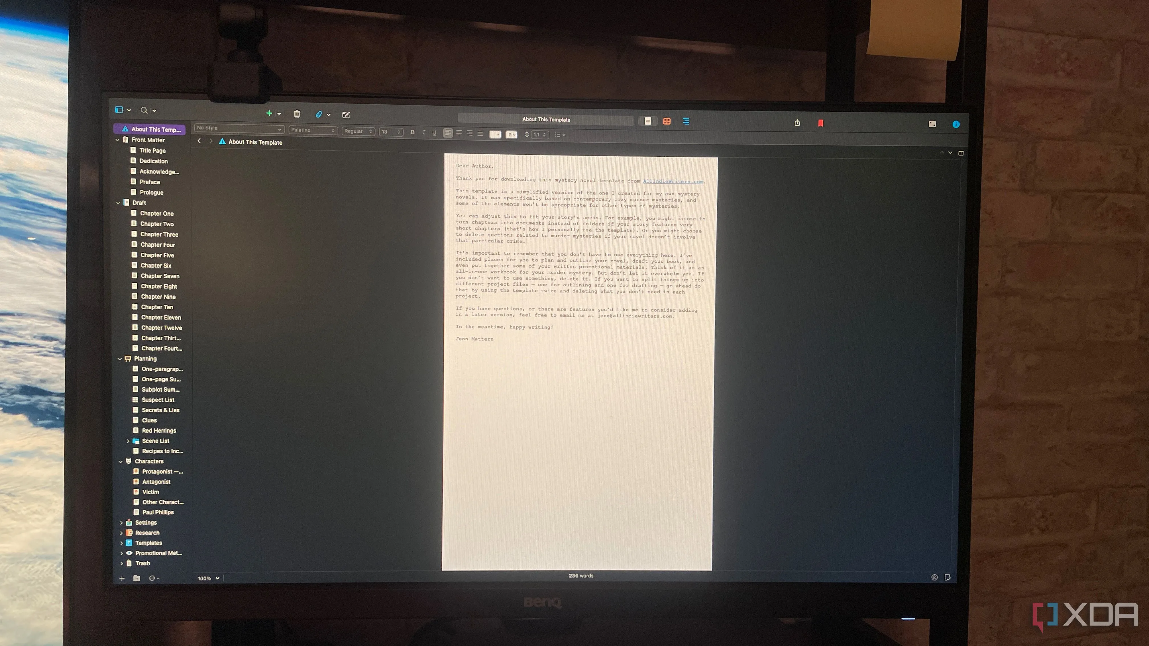 An image of a monitor with Scrivener open and running.