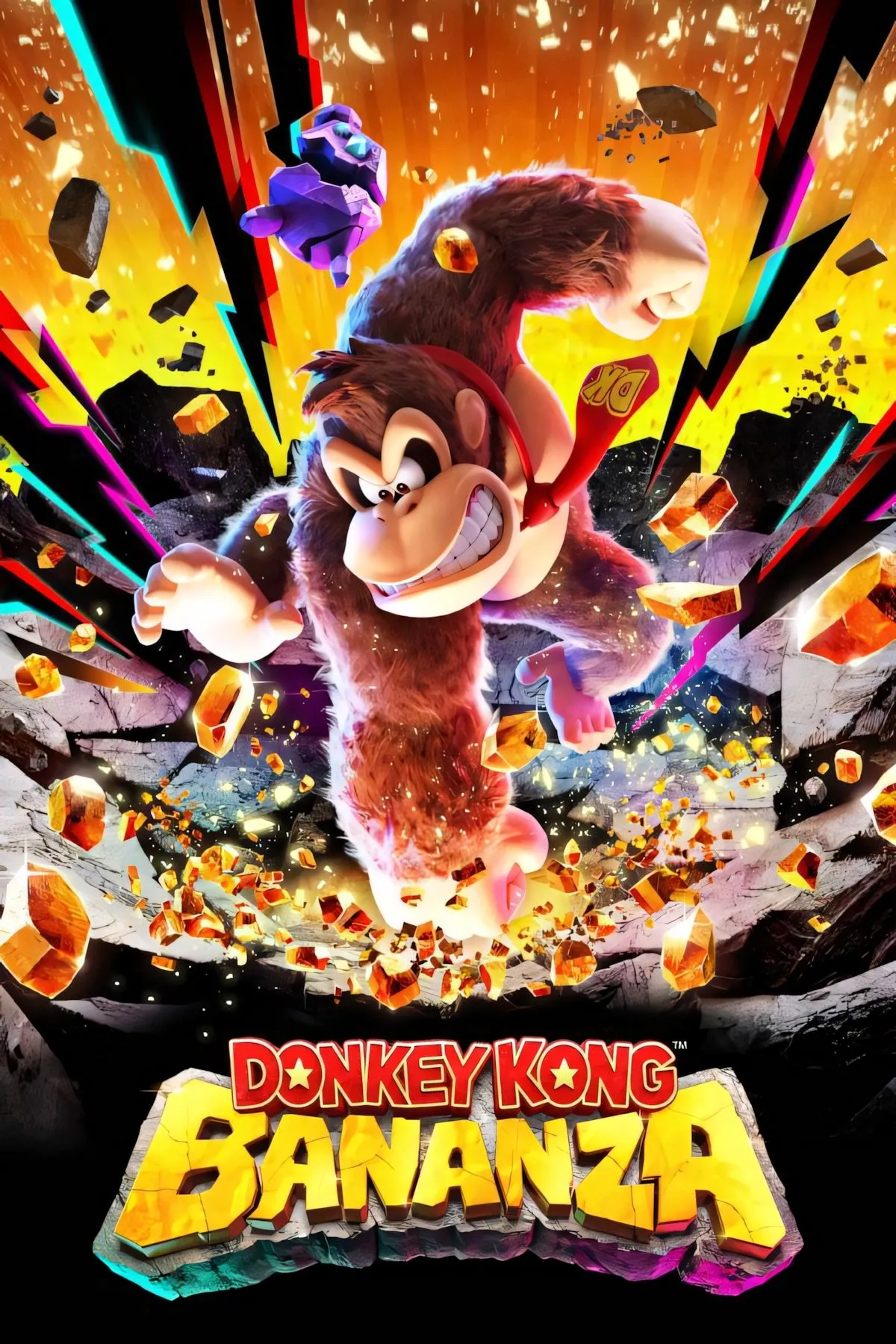 Ảnh bìa game Donkey Kong Bananza với chú khỉ Donkey Kong cùng Diddy Kong trong khung cảnh rừng rậm nhiệt đới rực rỡ