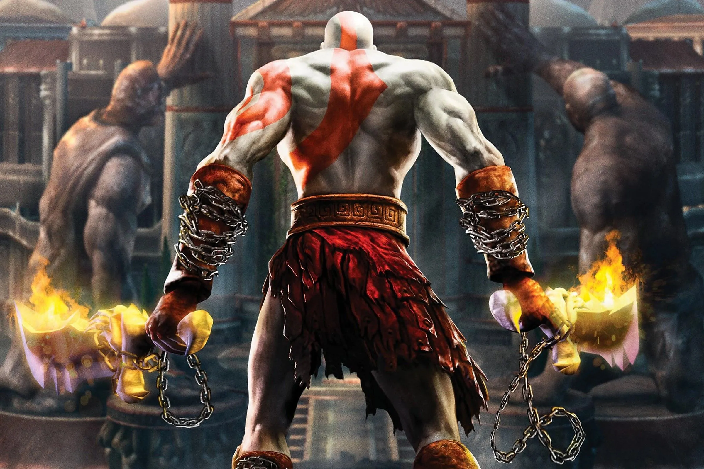 Ảnh bìa game God of War II, Kratos cầm vũ khí sẵn sàng chiến đấu trên PlayStation 2