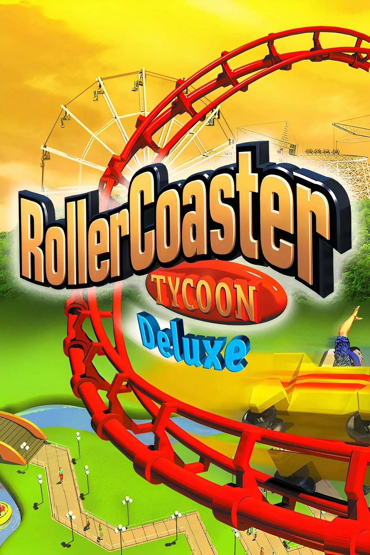 Ảnh bìa game RollerCoaster Tycoon, thể hiện phong cách đồ họa pixel đặc trưng của trò chơi xây dựng công viên giải trí.
