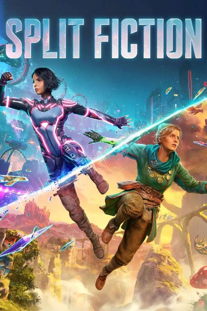 Ảnh bìa game Split Fiction với hai nhân vật chính Zoe và Mio, đại diện cho thế giới giả tưởng và khoa học viễn tưởng.
