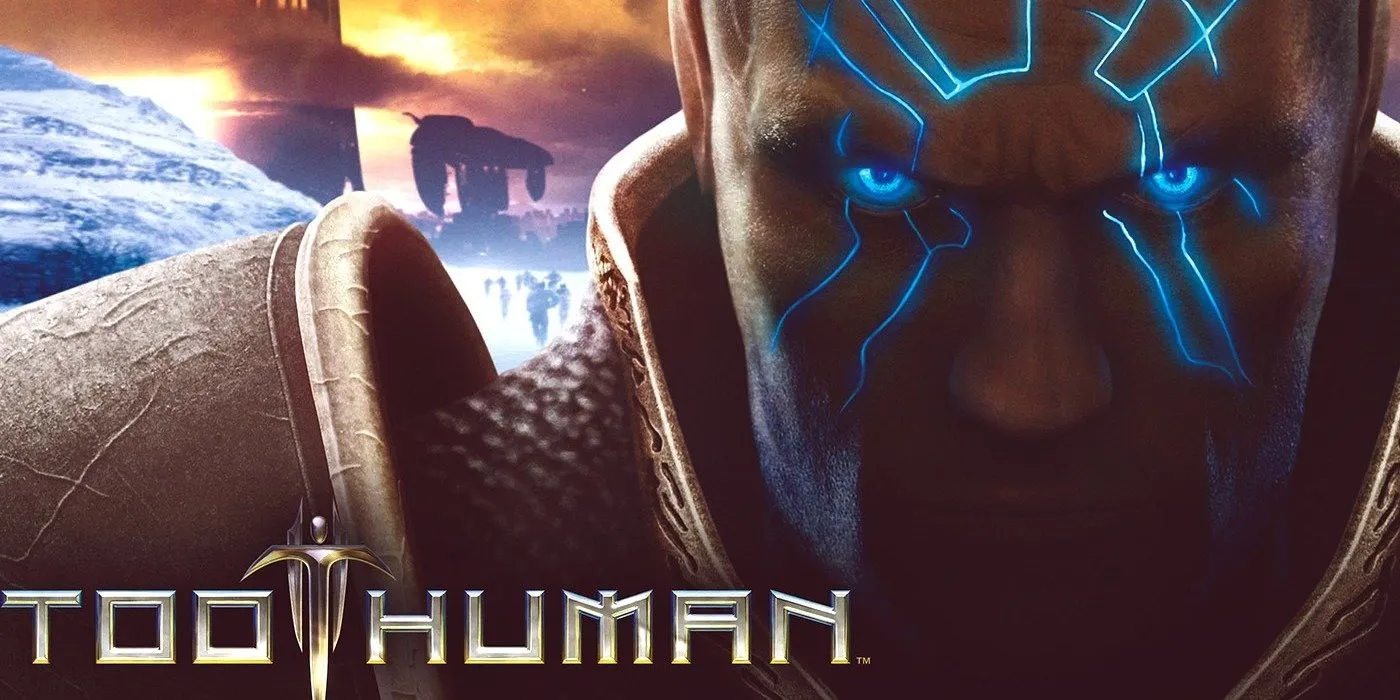 Ảnh bìa game Too Human với nhân vật chính mang giáp công nghệ cao