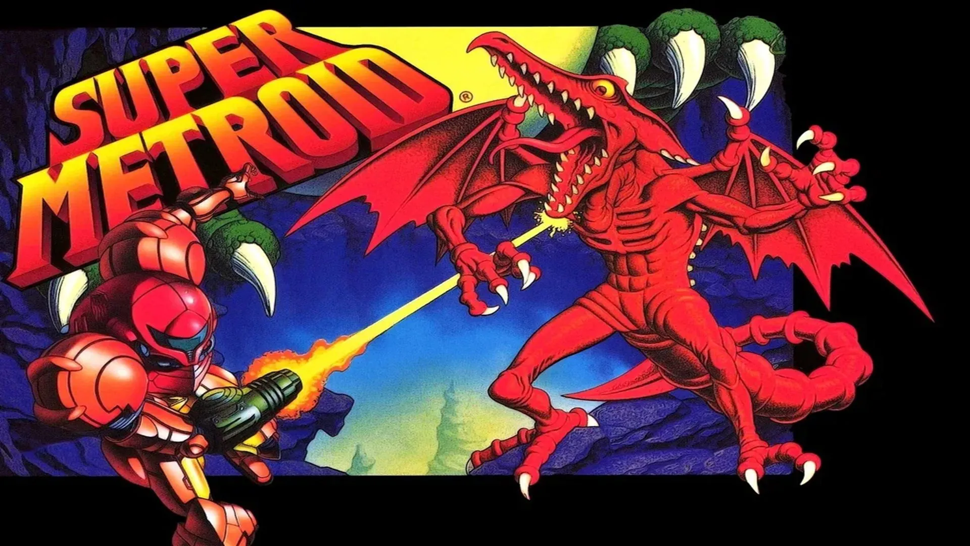 Ảnh bìa kinh điển của Super Metroid trên Super Nintendo, với Samus Aran và Metroid con.
