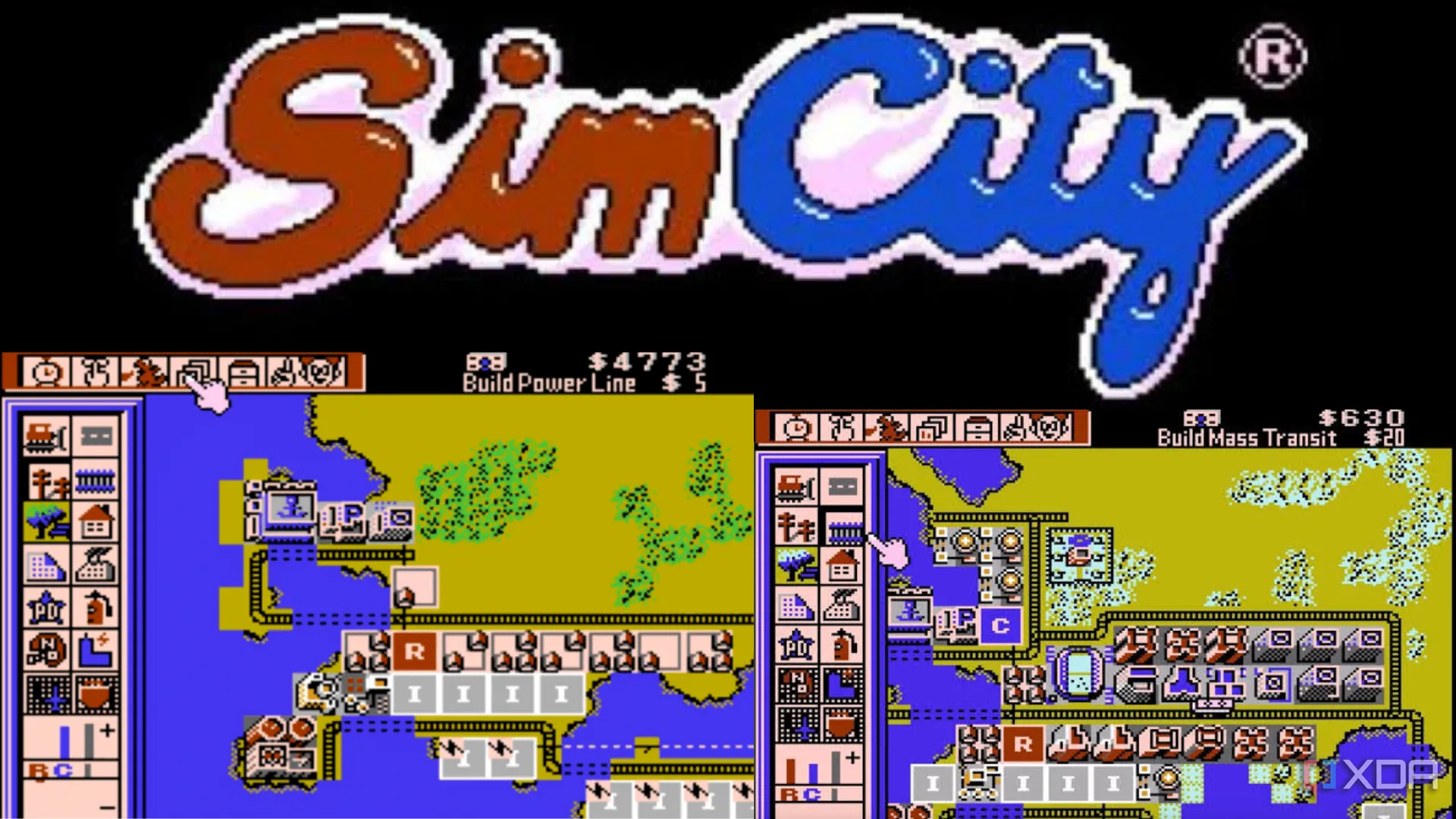Ảnh cắt dán các màn hình game SimCity trên SNES với logo, thể hiện gameplay xây dựng thành phố cổ điển