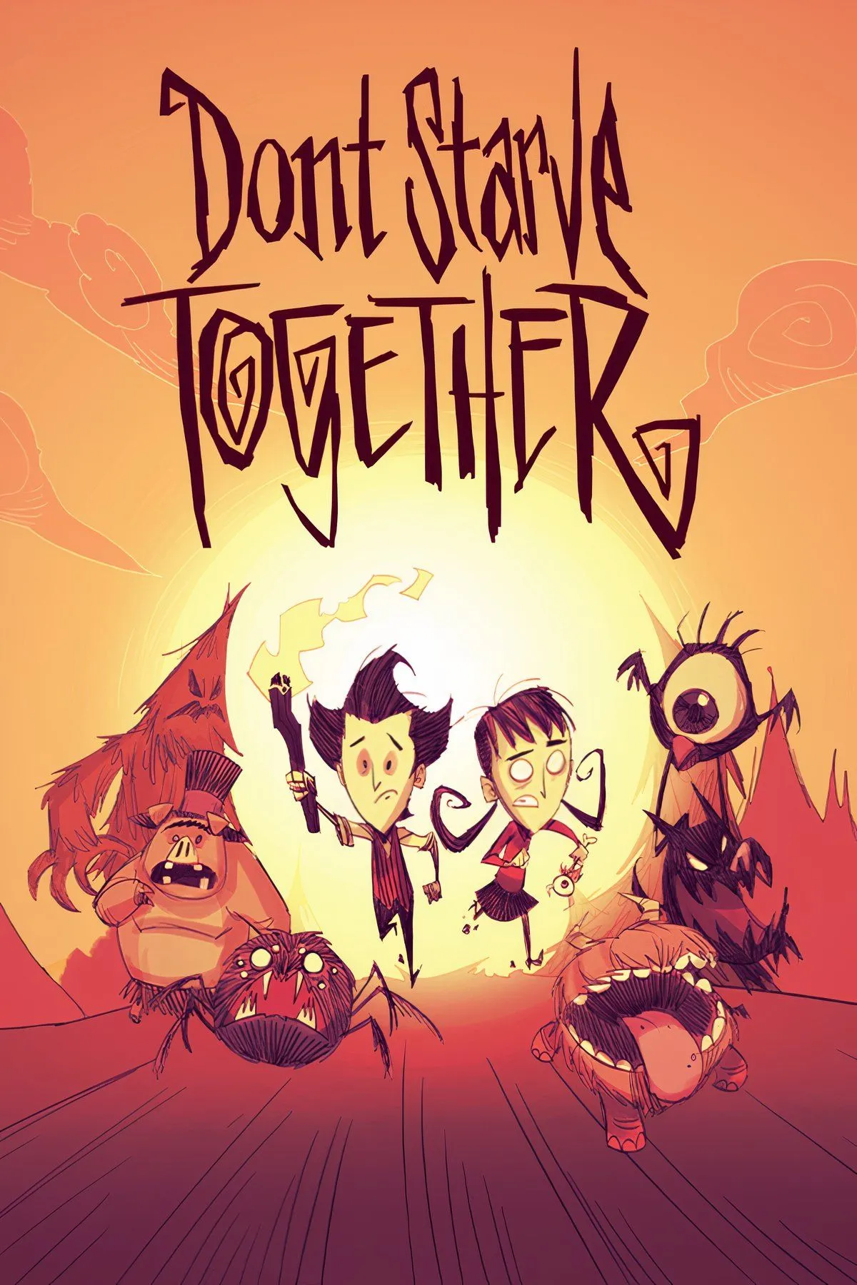 Ảnh cắt dán các nhân vật trong Don't Starve Together đang chế tạo và chiến đấu trong môi trường hoang dã với đồ họa hoạt hình gothic
