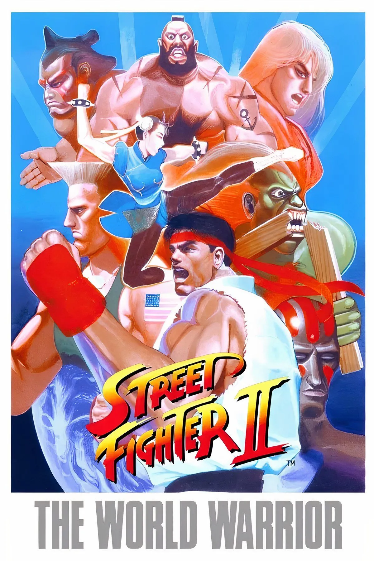 Ảnh cắt dán các nhân vật và cảnh chiến đấu trong game Street Fighter II, minh họa phong cách đồ họa cổ điển