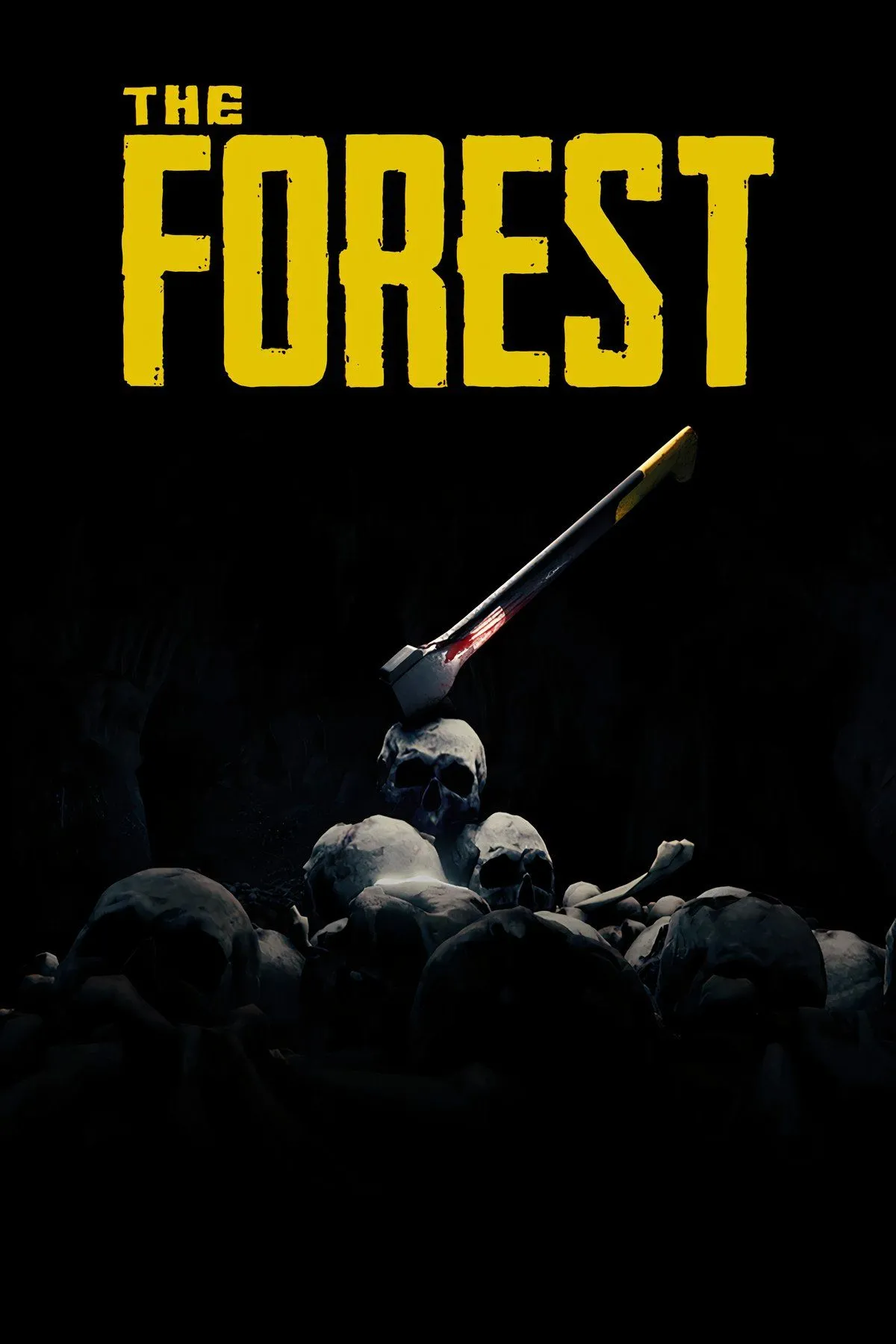 Ảnh cắt dán cảnh nhân vật trong The Forest đang xây dựng một căn cứ giữa rừng cây, phía sau là khu rừng tối