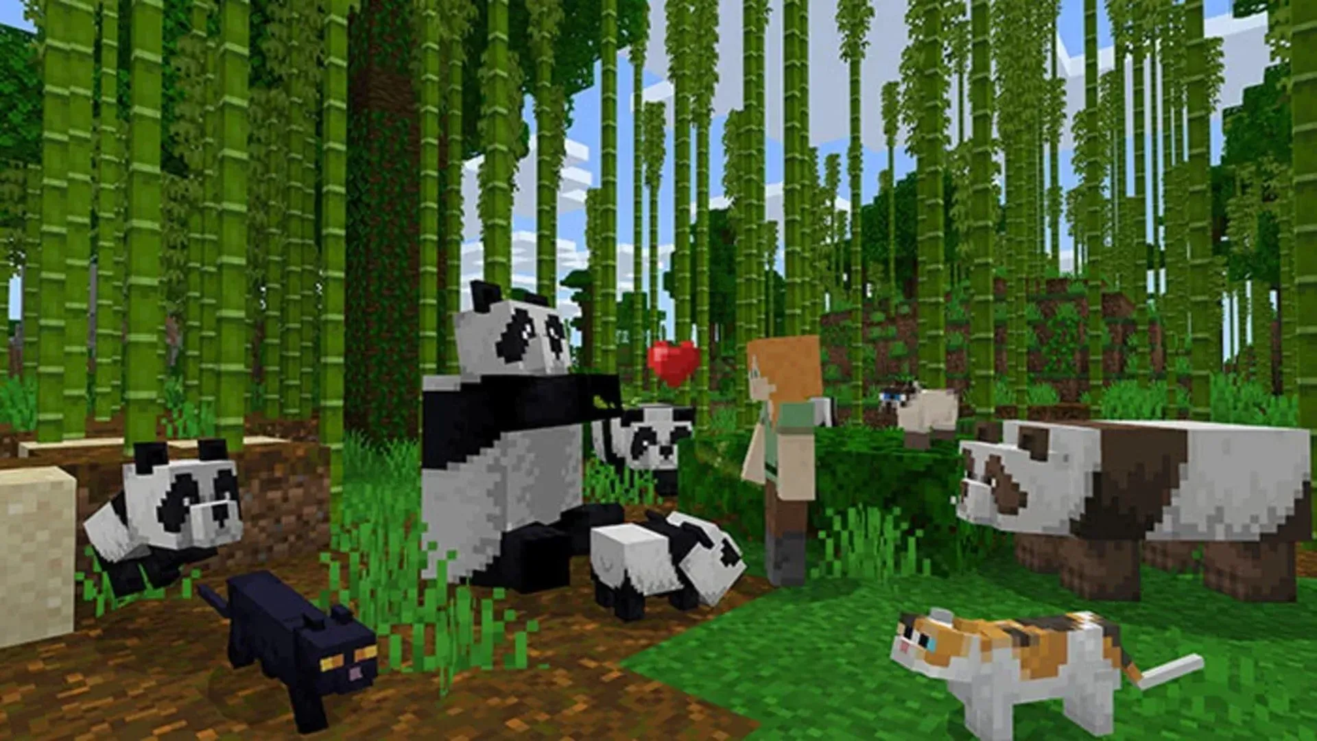 Ảnh chụp cận cảnh nhân vật và đàn gấu trúc trong thế giới Minecraft