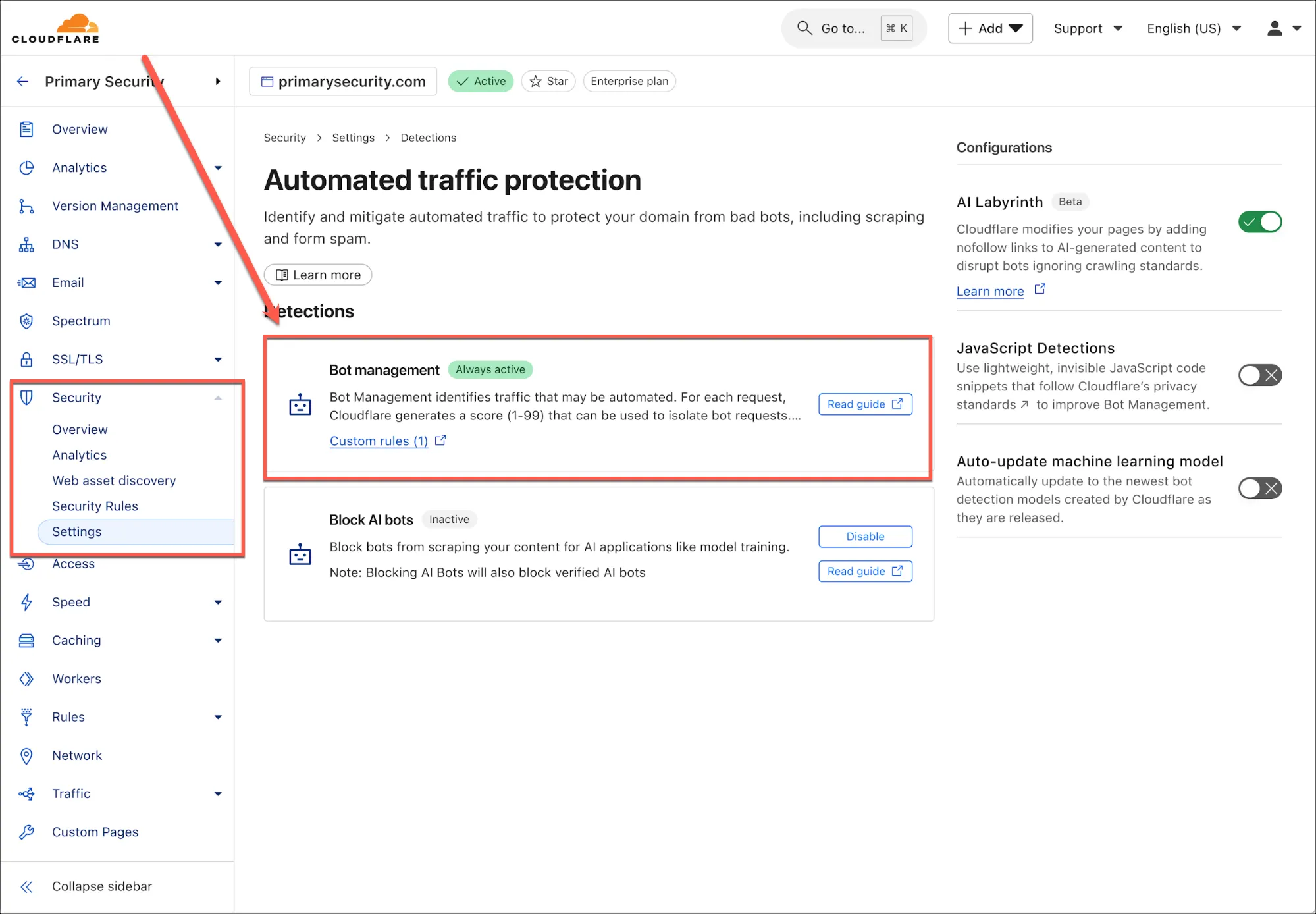 Ảnh chụp màn hình bước 2 bật AI Labyrinth trong cài đặt Bot Management của Cloudflare