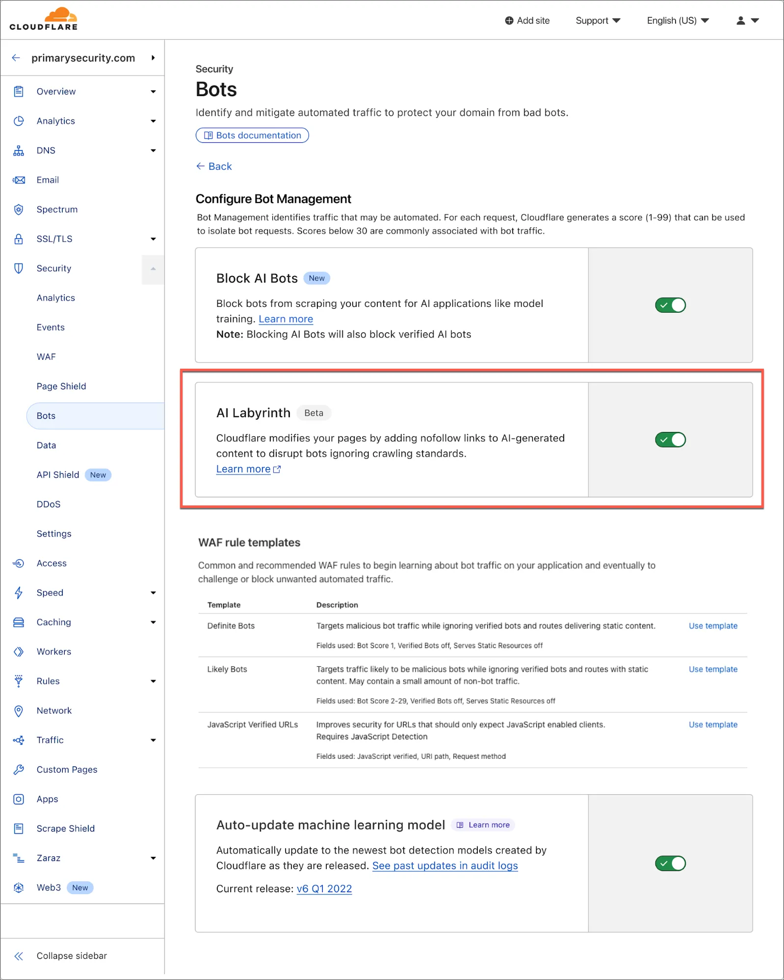 Ảnh chụp màn hình bước 3 chọn tùy chọn AI Labyrinth để bật trong giao diện Cloudflare