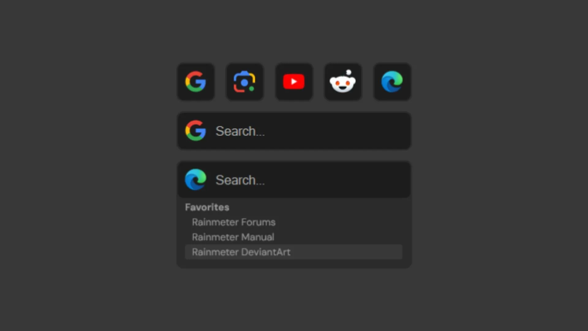 Ảnh chụp màn hình các thanh tìm kiếm tùy chỉnh của Rainmeter, cho phép người dùng thực hiện tra cứu nhanh trên nhiều công cụ tìm kiếm từ desktop.
