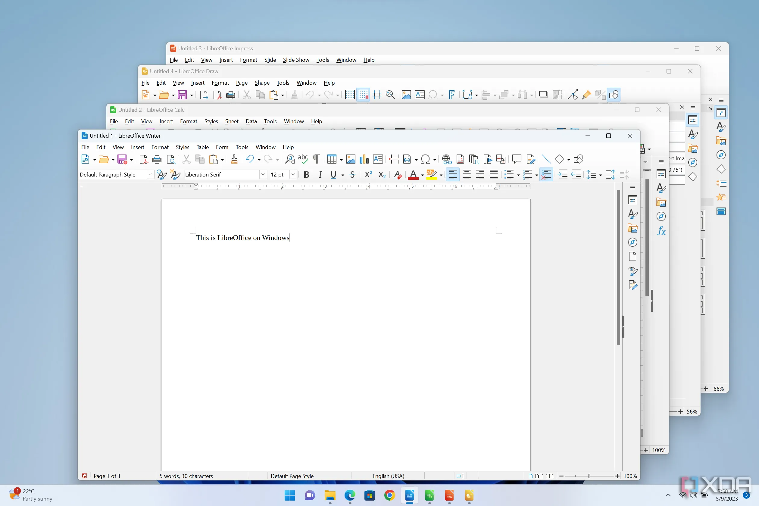 Ảnh chụp màn hình các ứng dụng LibreOffice Writer, Calc, Impress và Draw trên Windows 11
