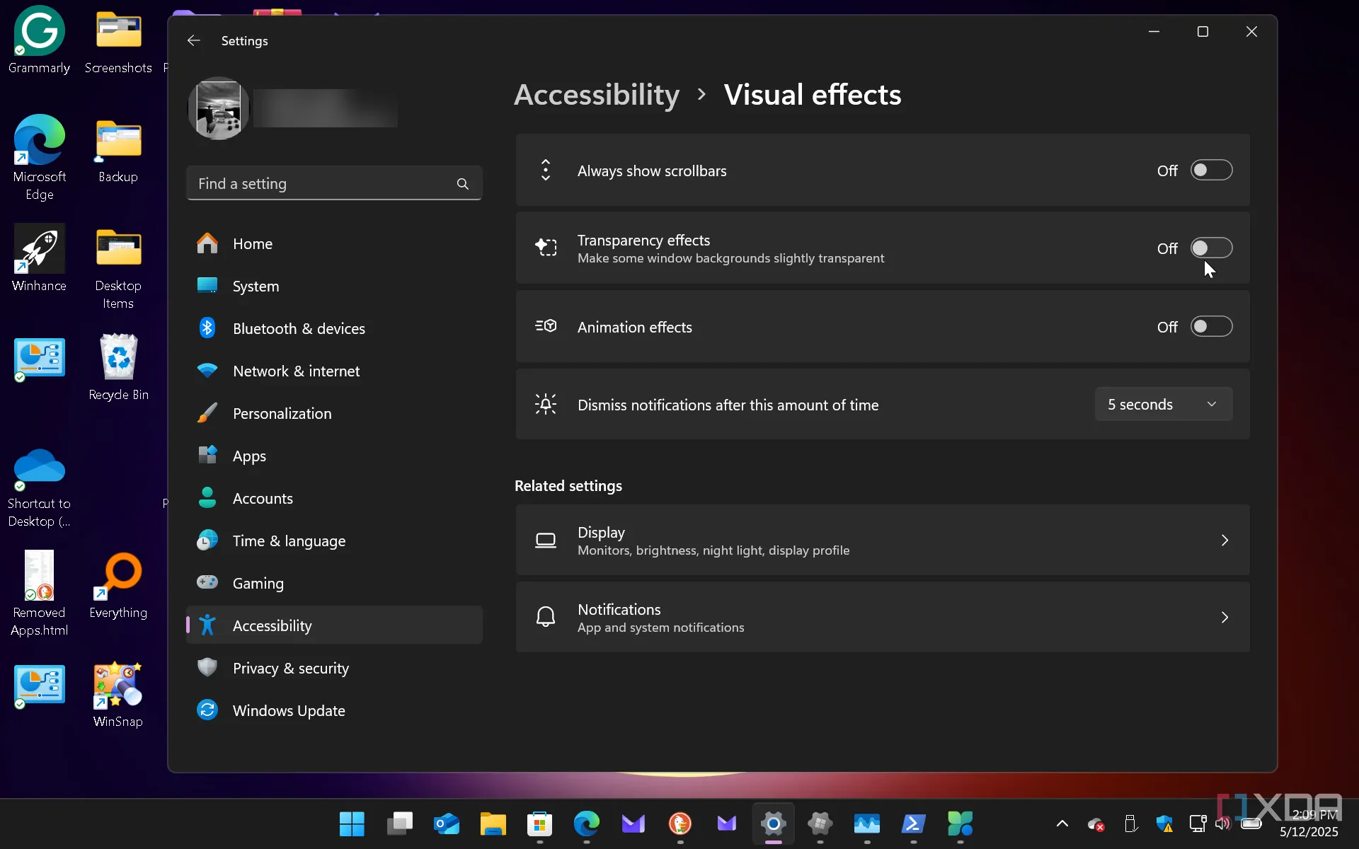 Ảnh chụp màn hình cài đặt Tắt hiệu ứng hoạt ảnh trong Windows 11, cho thấy cách giảm tải đồ họa để cải thiện phản hồi hệ thống.