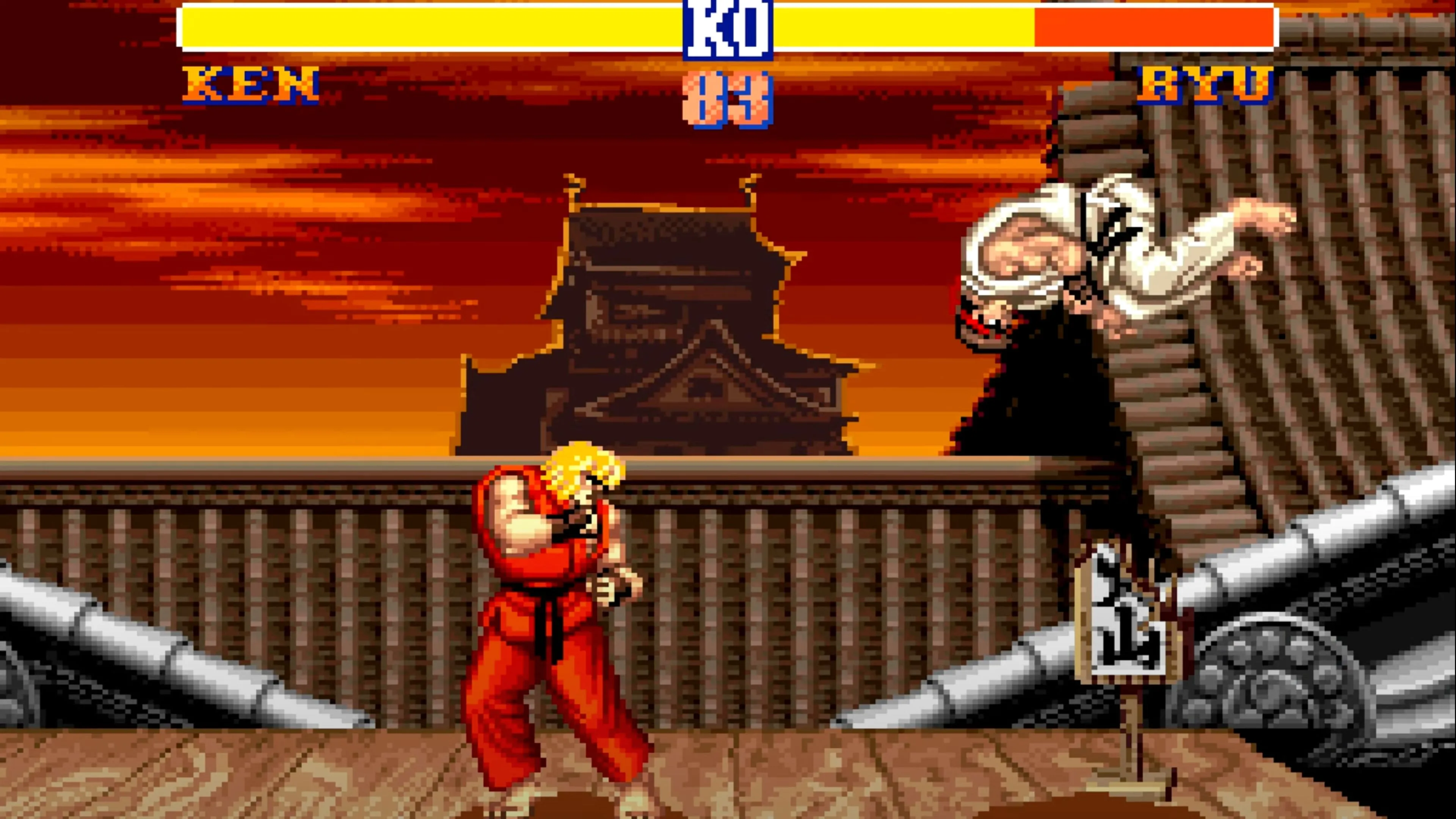 Ảnh chụp màn hình cảnh chiến đấu gay cấn trong game đối kháng Street Fighter II với nhân vật Ryu và Ken