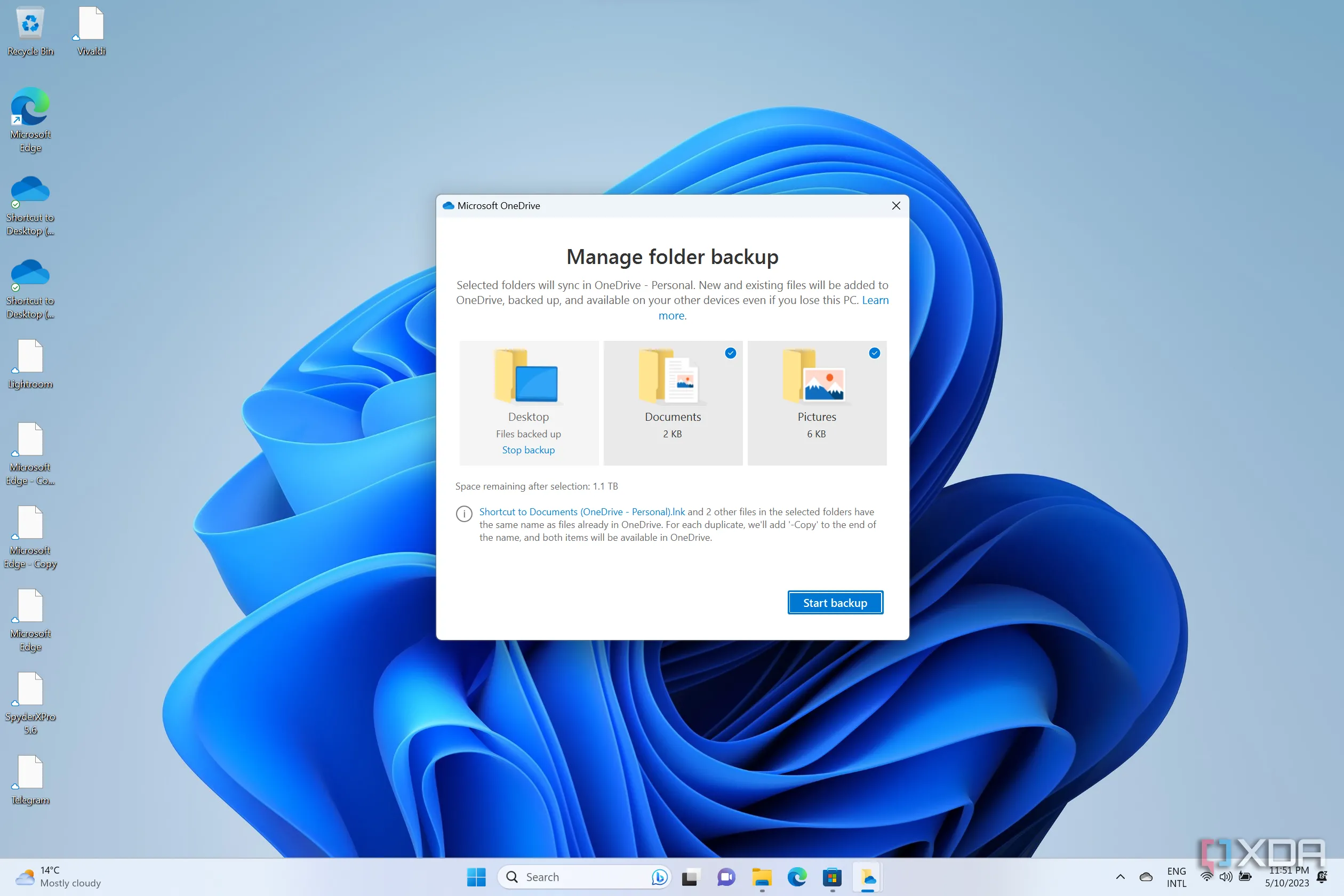 Ảnh chụp màn hình của máy tính để bàn Windows 11 với trang cài đặt sao lưu thư mục OneDrive đang mở