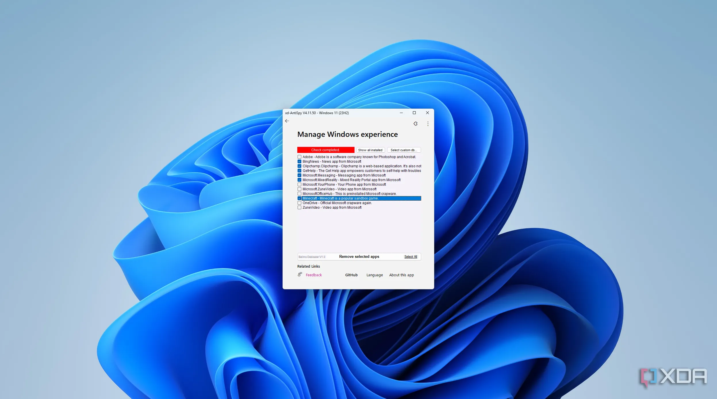 Ảnh chụp màn hình của phần mềm xd-AntiSpy, một trong những tiện ích debloat Windows phổ biến.