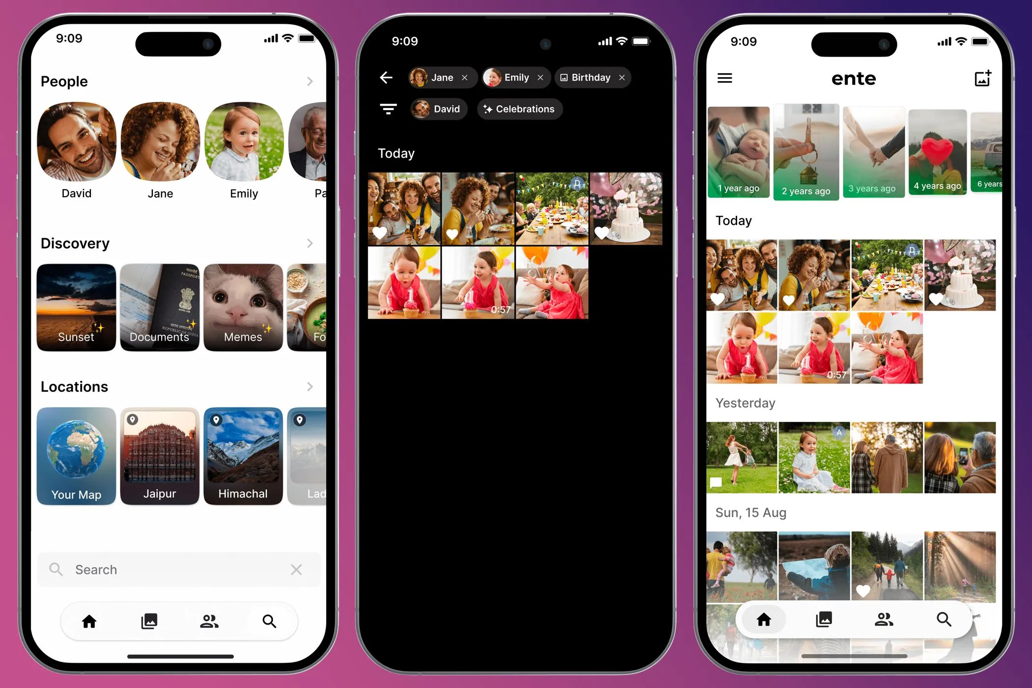 Ảnh chụp màn hình điện thoại hiển thị ứng dụng Ente Photos với giao diện quản lý ảnh thân thiện.