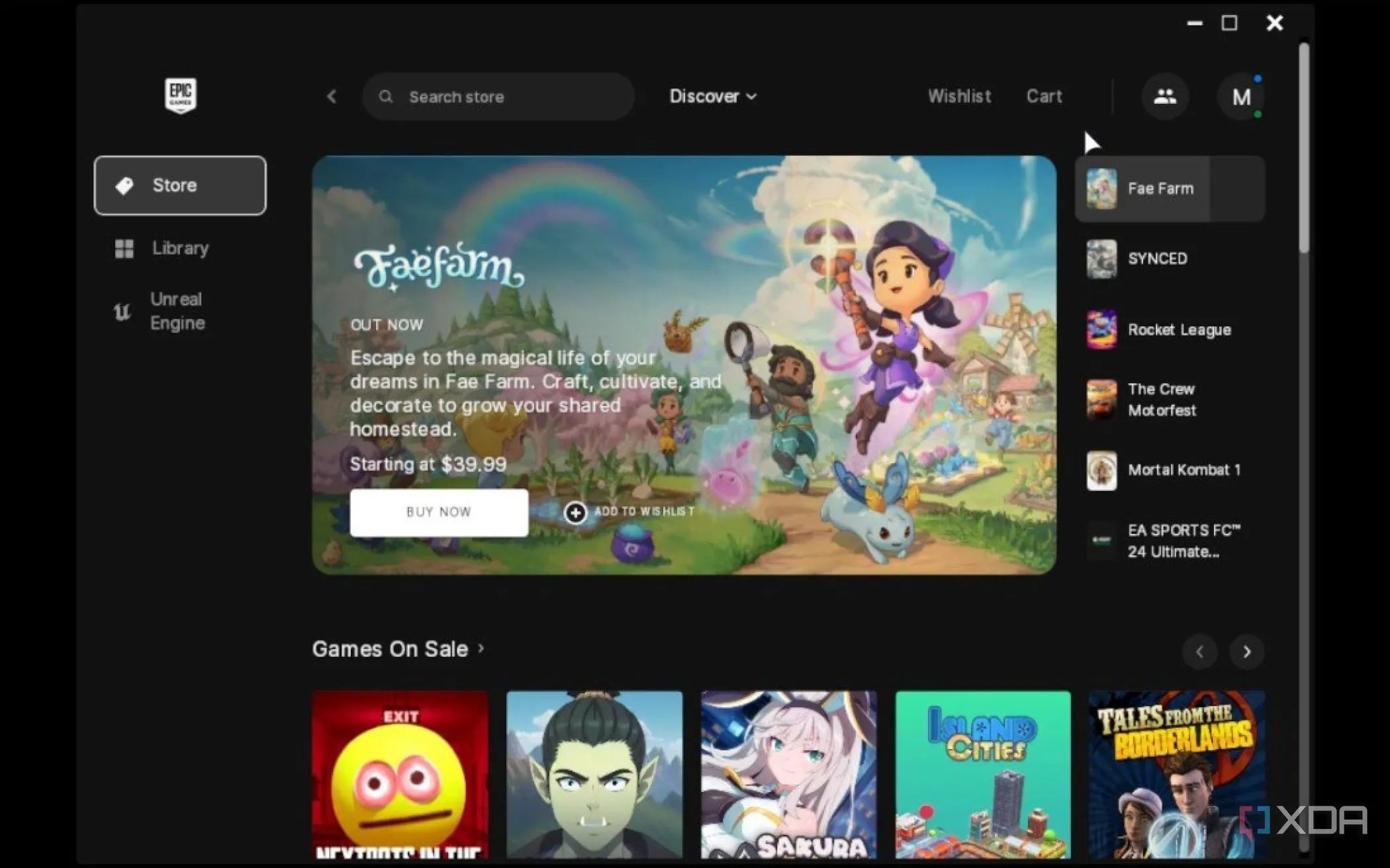 Ảnh chụp màn hình Epic Games Launcher trên Steam Deck hiển thị Faefarm là game nổi bật.